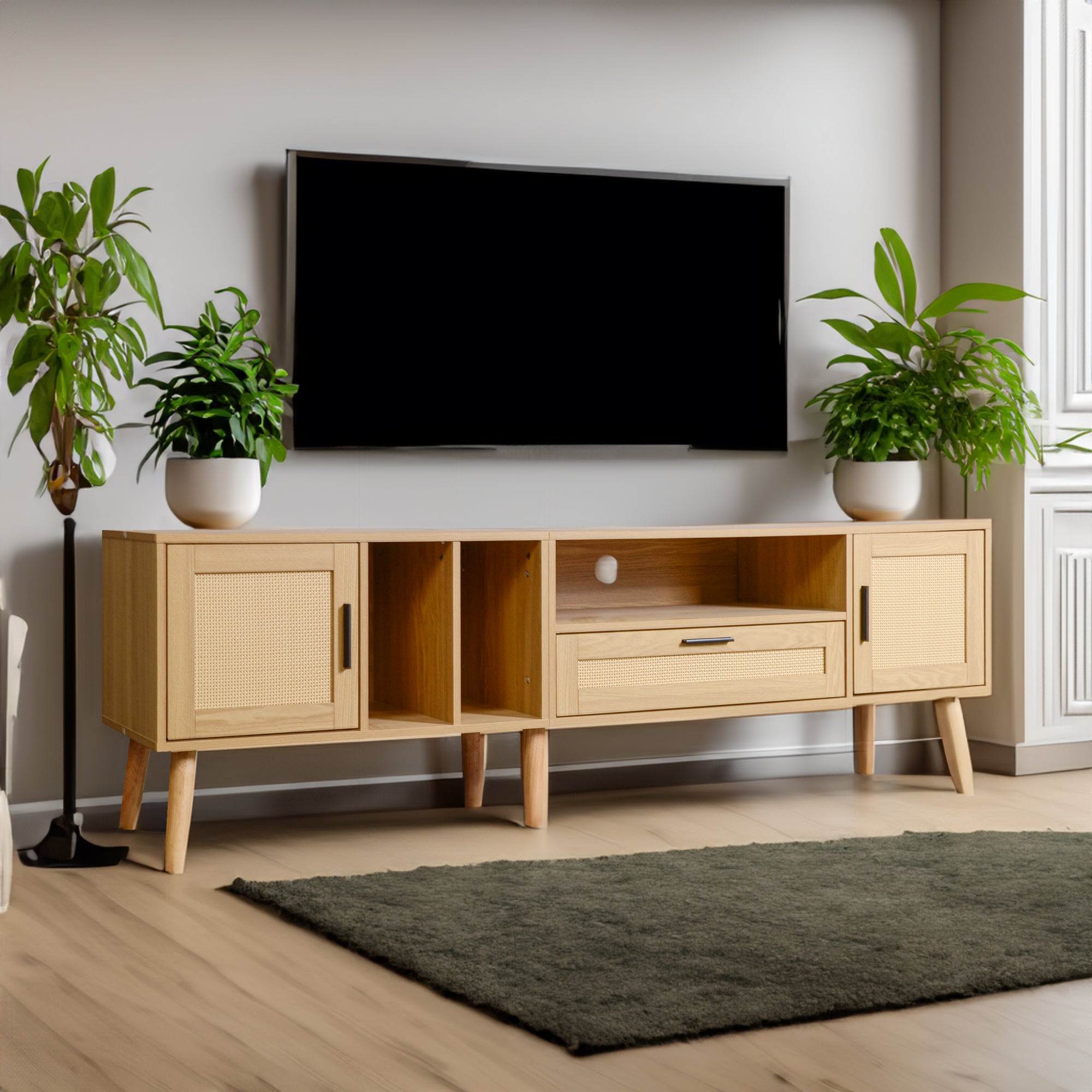 Vine TV stand with 2 cabinets and 2 open shelves, suitable for TVs under 80 inches, with solid wood legs for TV cabinets