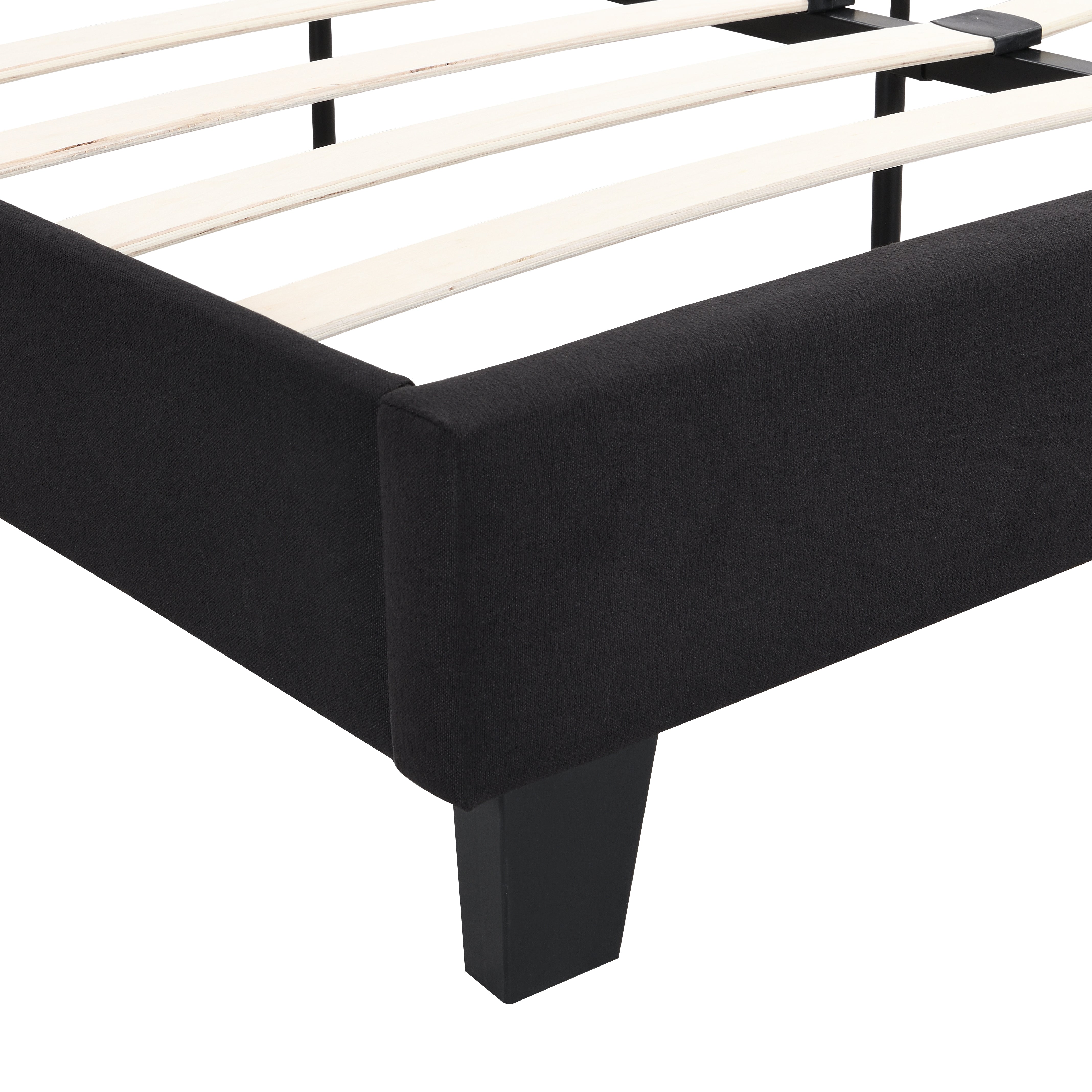 King Size Upholstered Platform Bed Frame with Linen Fabric Headboard BLACK