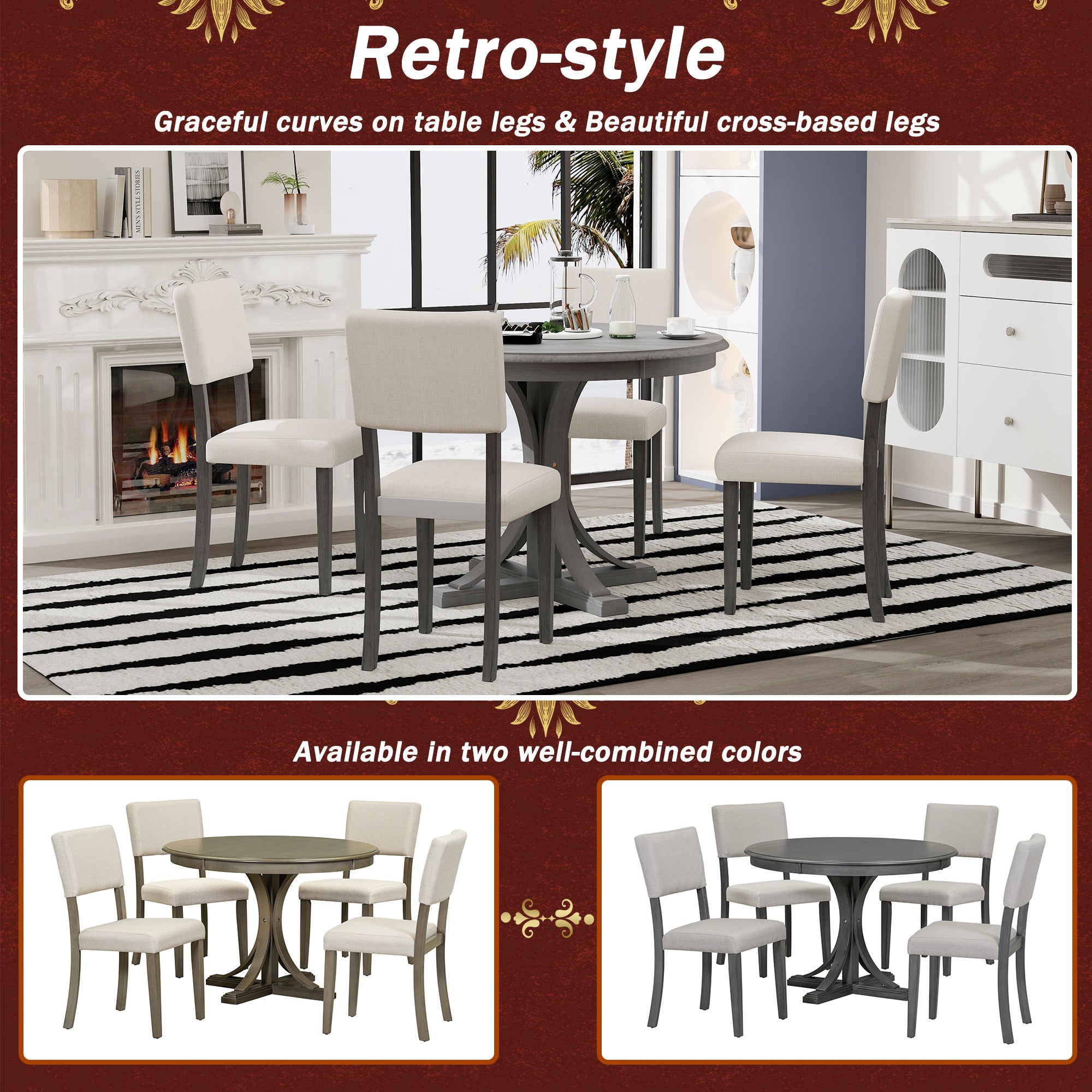 TREXM Five Piece Retro Round Dining Table Set with Curved Brackets and 4 Restaurant Cushioned Chairs (Dark Gray)