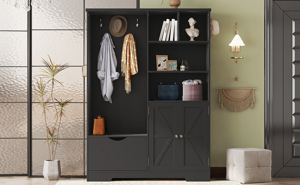 Multi-functional Hall Tree with Storage Shelves Drawers and Cabinet, Elegant Hallway Shoe Cabinet with Bench Modern Black