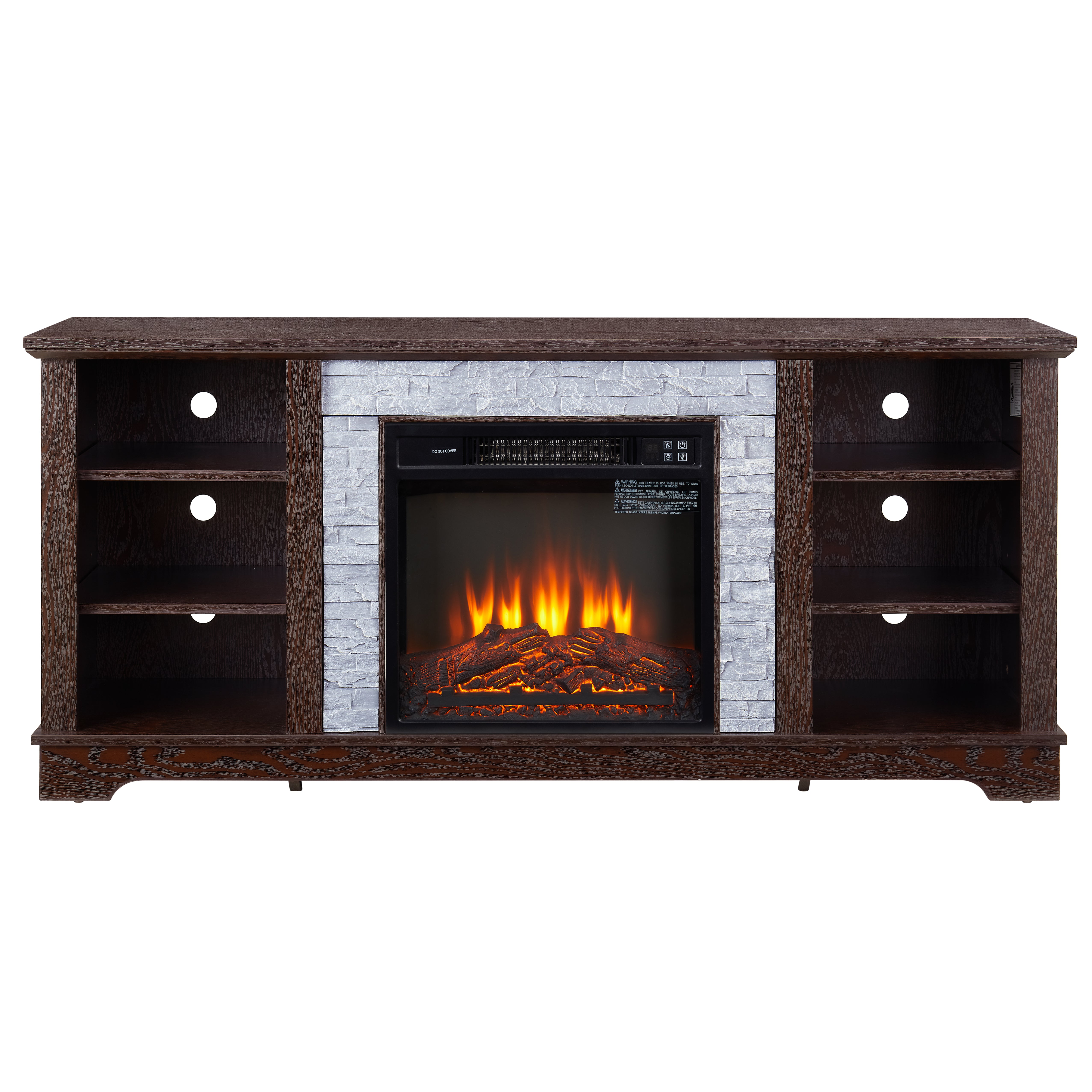 18 inch cherry colored fireplace with open entertainment console space, 58.31 inches wide, 15.39 inches deep, and 26.06 inches h