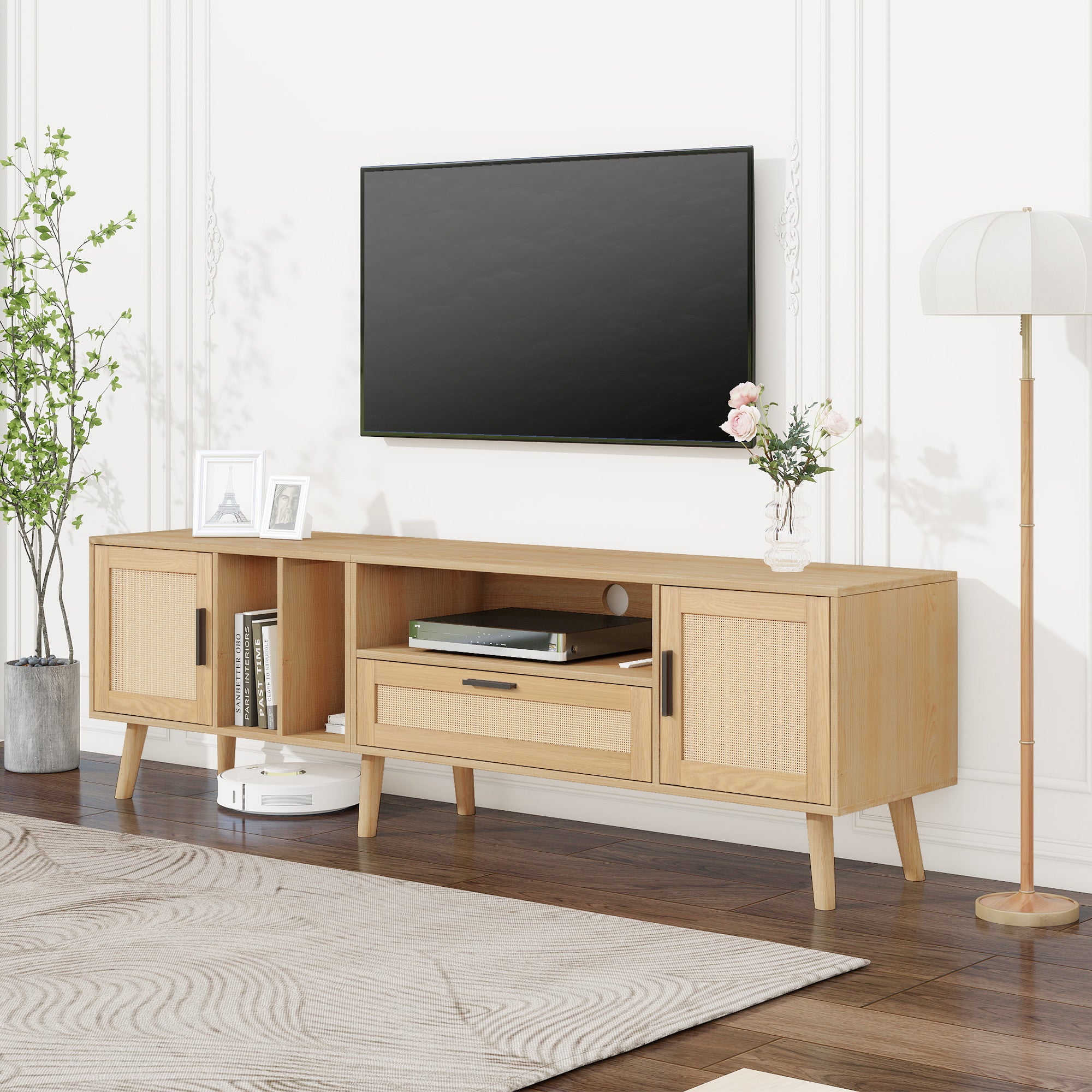 Vine TV stand with 2 cabinets and 2 open shelves, suitable for TVs under 80 inches, with solid wood legs for TV cabinets