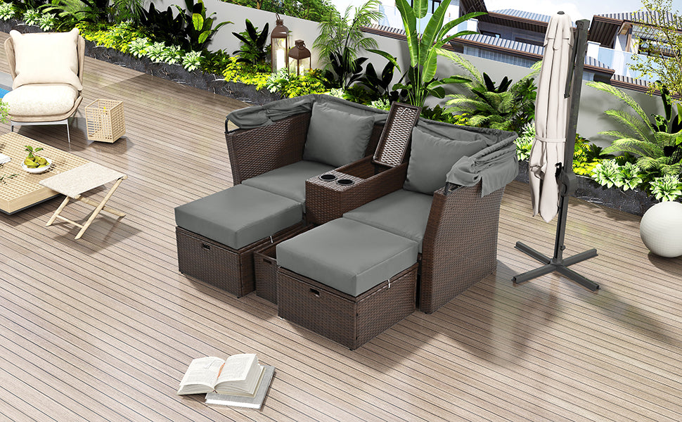 2-Seater Outdoor Patio Daybed Outdoor Double Daybed Outdoor Loveseat Sofa Set with Foldable Awning and Cushions