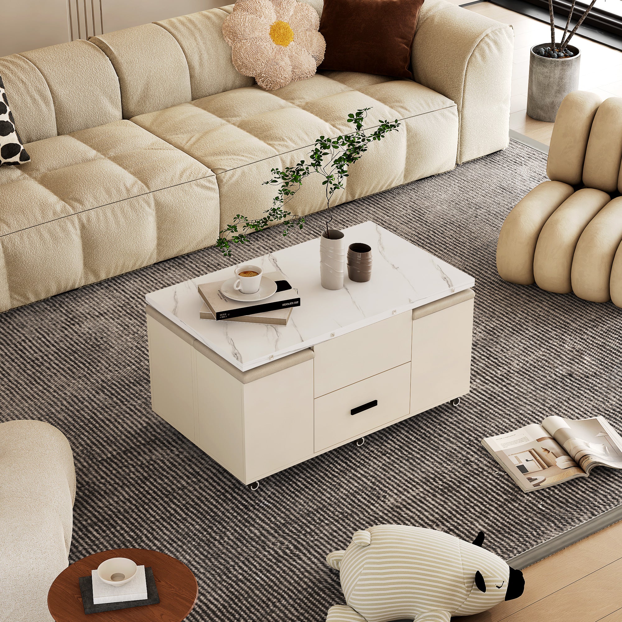 Modern lift coffee table, living room with 4 chairs, expandable 1 hidden storage space+2 drawers, folding dining table