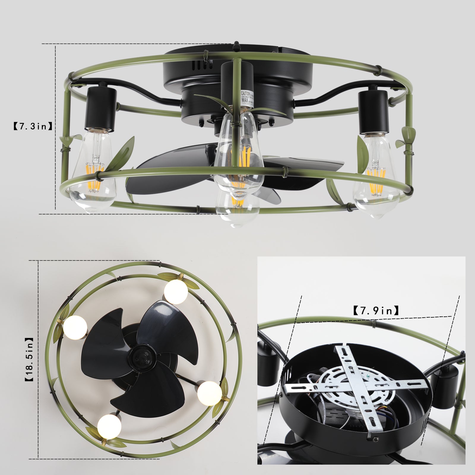 Flush Mount Ceiling Fans with Lights and Remote Control green Caged Low Profile Ceiling Fan Modern Metal Ceiling fanfor