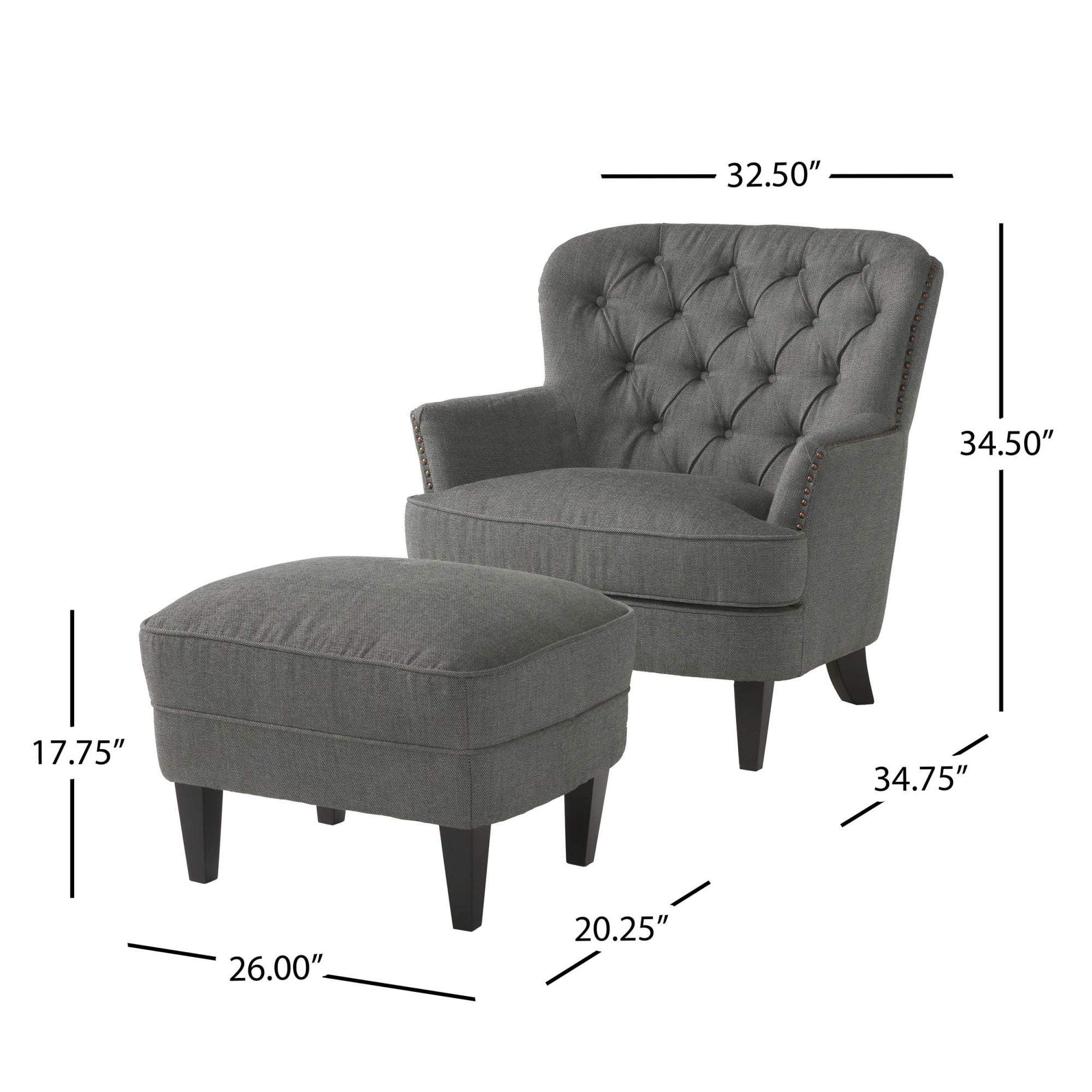 Modern grey fabric club chair and Ottoman set, stylish cushioned armchair, paired with Ottoman style