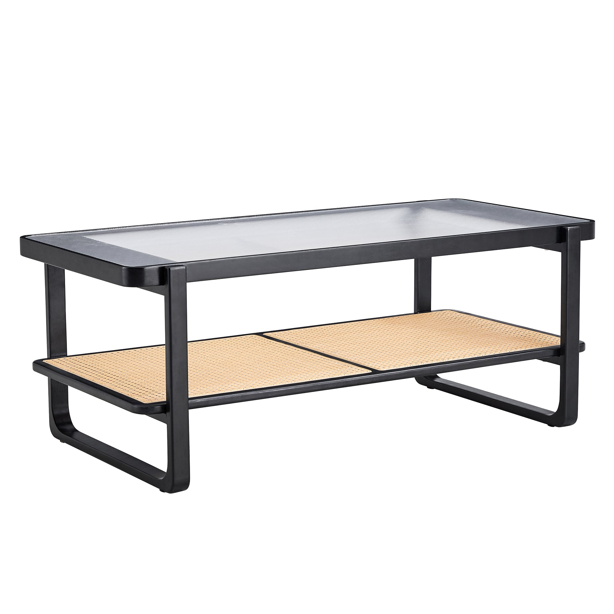 Modern minimalist rectangular double layer black solid wood imitation rattan coffee table