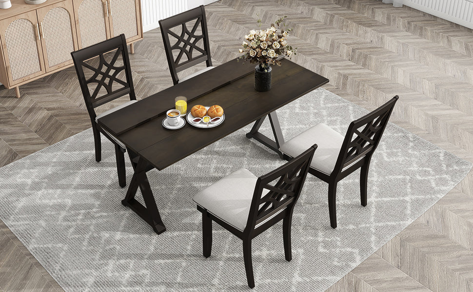 TOPMAX 5-piece set of 62 * 35.2-inch retractable dining table with two 8.8-inch consoles and deep walnut padded dining chairs