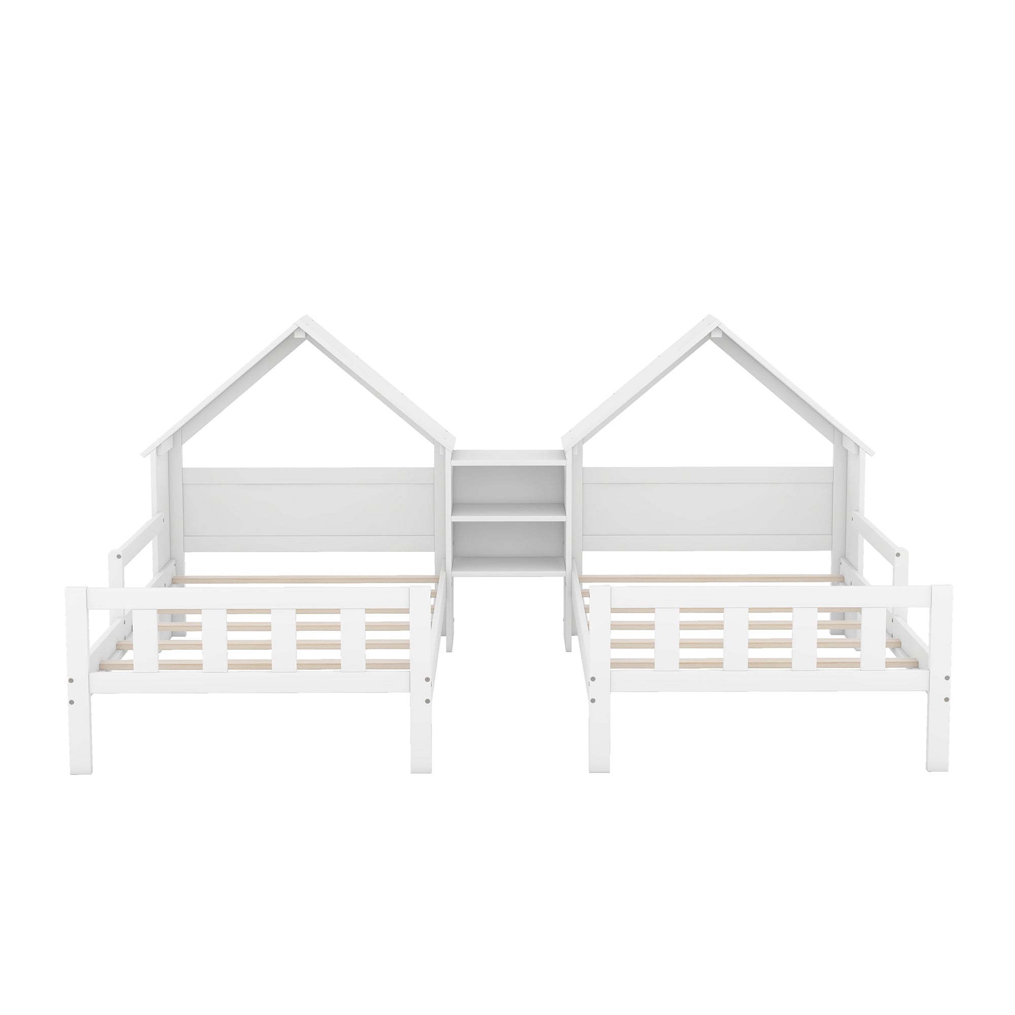 Double Twin Size Platform Bed with House-shaped Headboard and a Built-in Nightstand, White