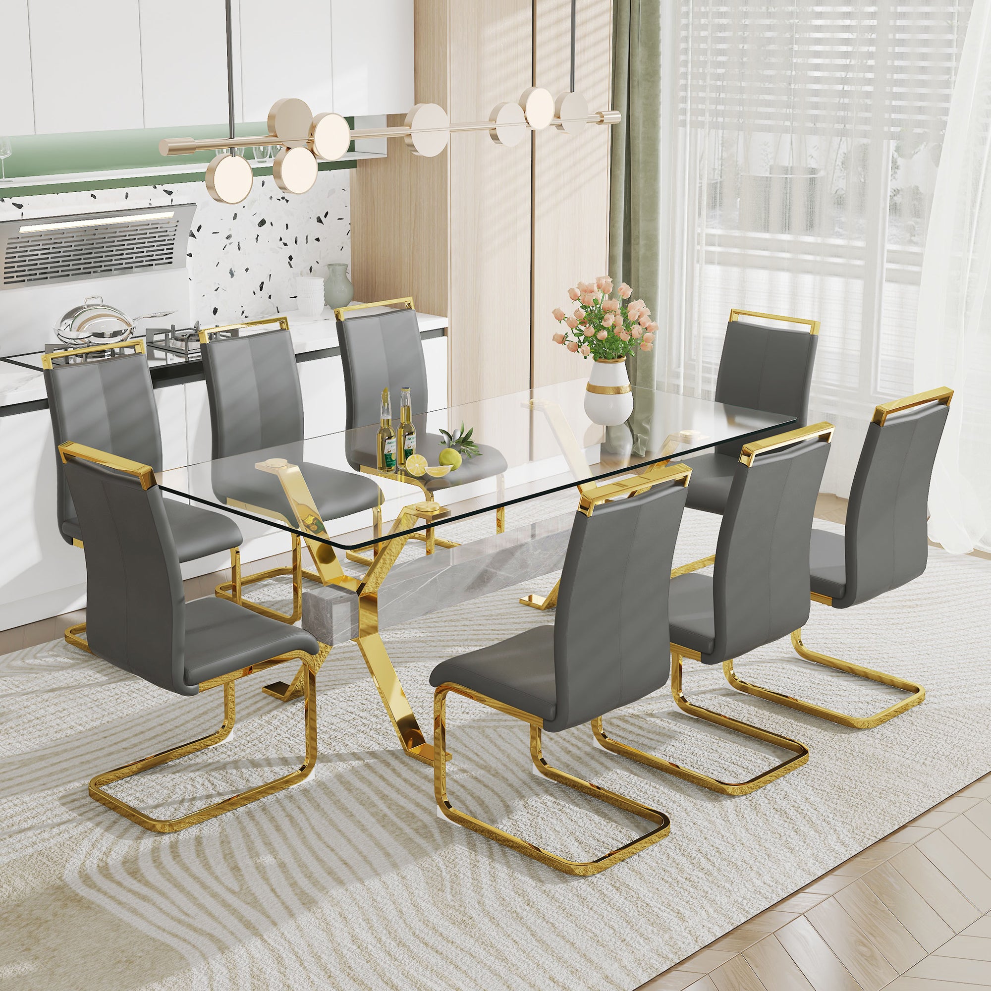 Dining table Modern tempered glass dining table Large modern office desk with gold plated metal legs and MDF crossbars