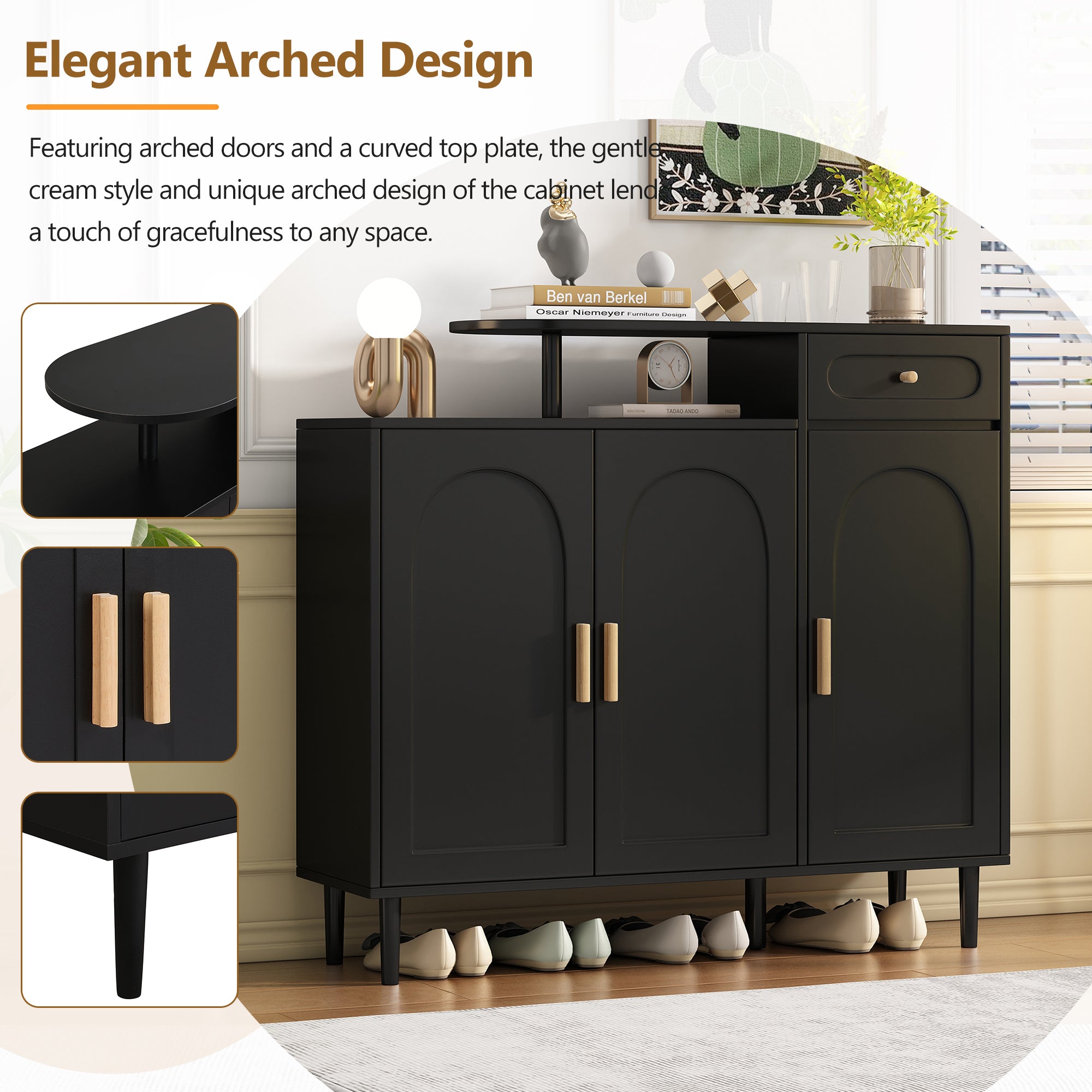 ON-TRANS Elegant Shoe Cabinet with Arched Doors and Drawers, Storage Side Panels, Adjustable Shelves and Solid Wood Legs, Black