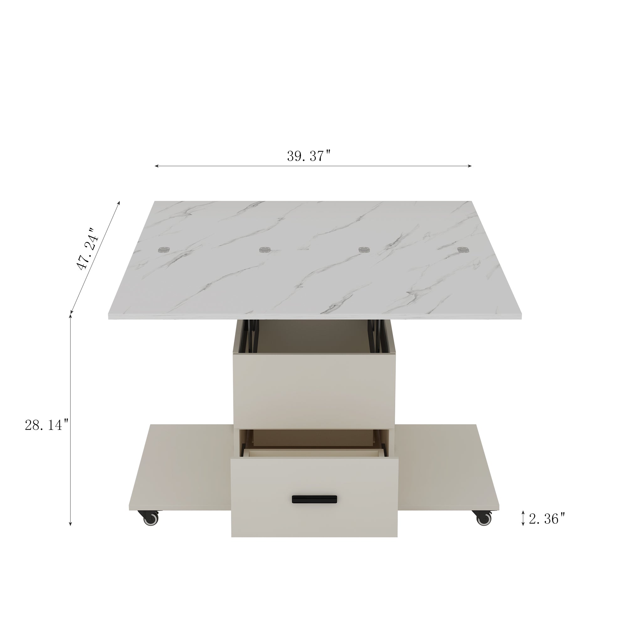 Modern lift coffee table, living room with 4 chairs, expandable 1 hidden storage space+2 drawers, folding dining table