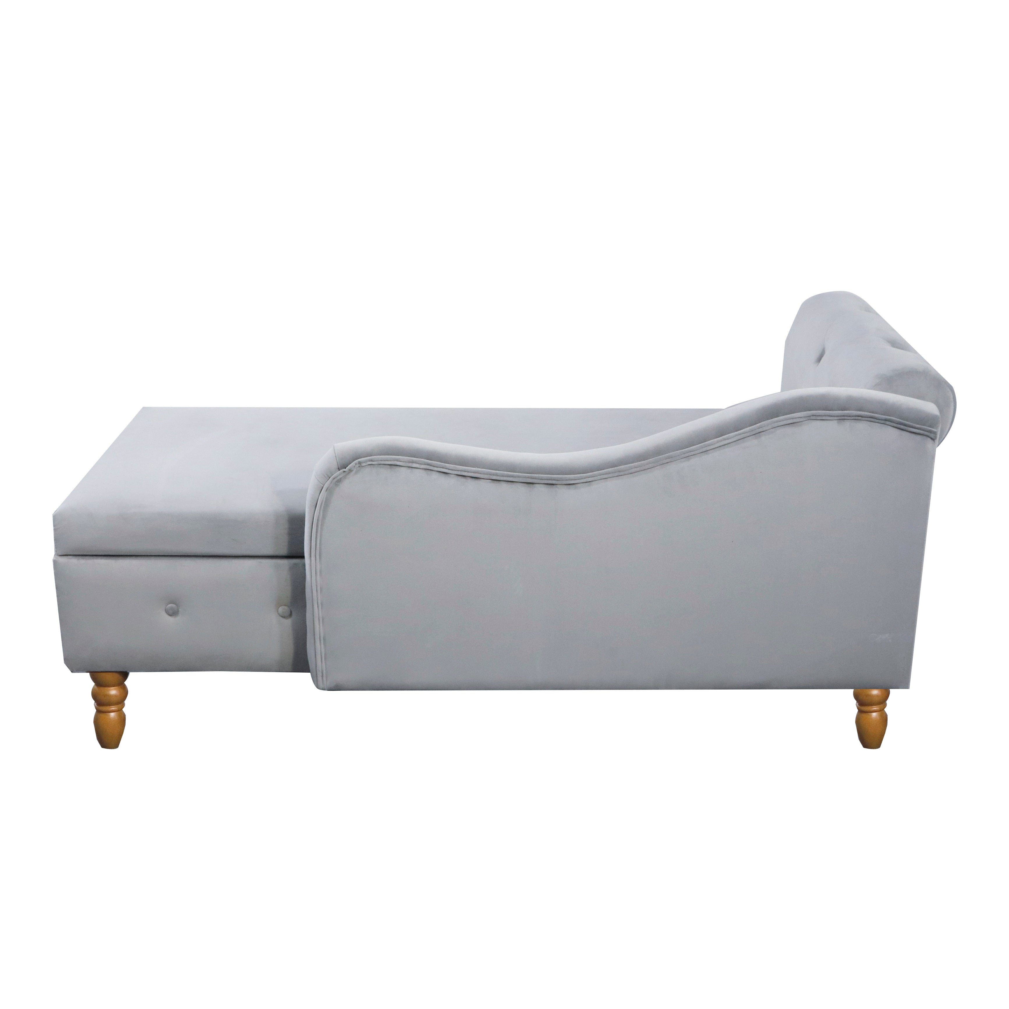 Grey Chaise Lounge Indoor Velvet Lounge Chair for Bedroom with Storage & Pillow Modern Upholstered Rolled Arm Chase Lounge