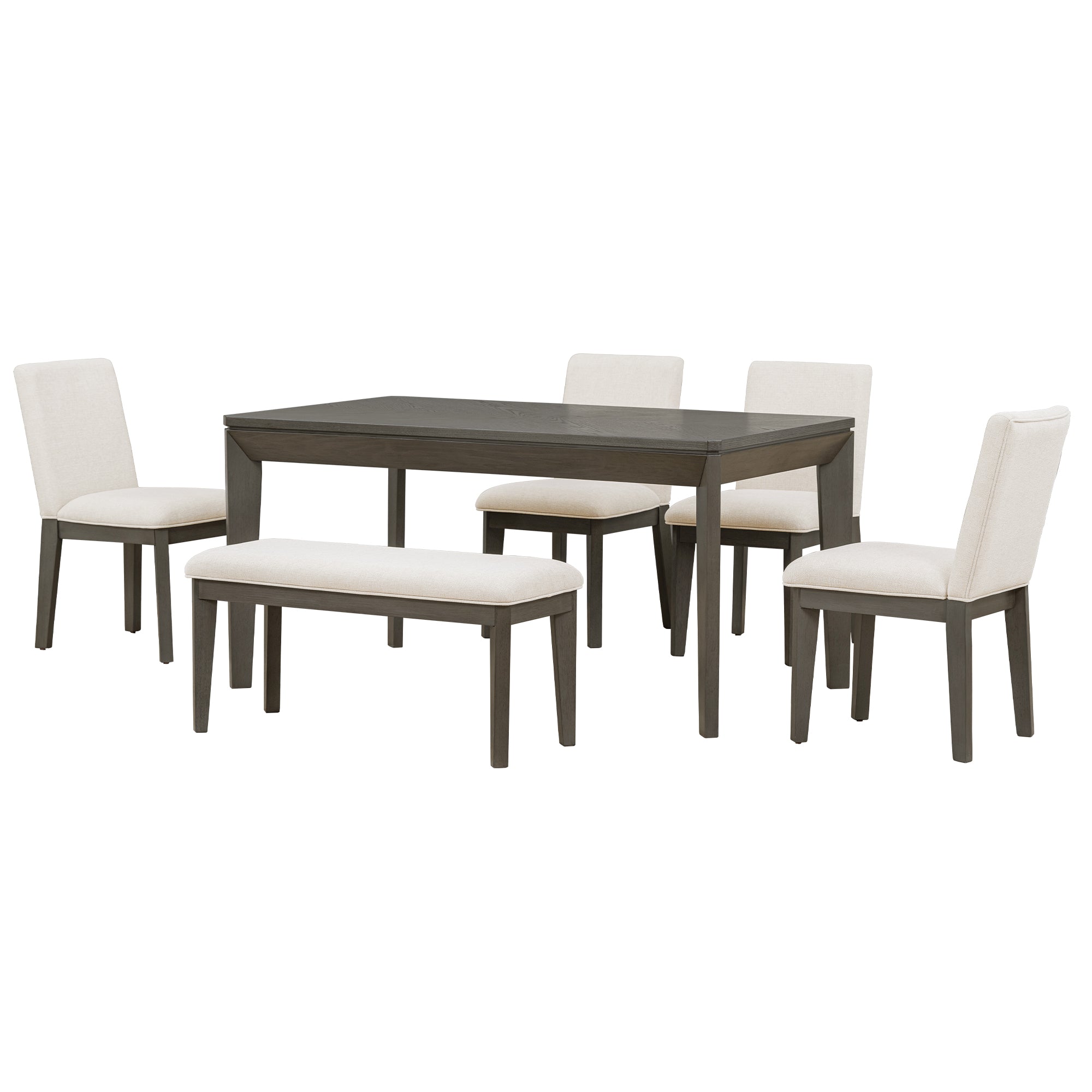 TOPMAX 6-Piece Dining Table Set with Upholstered Dining Chairs and Bench Farmhouse Style Tapered Legs Dark Gray+Beige