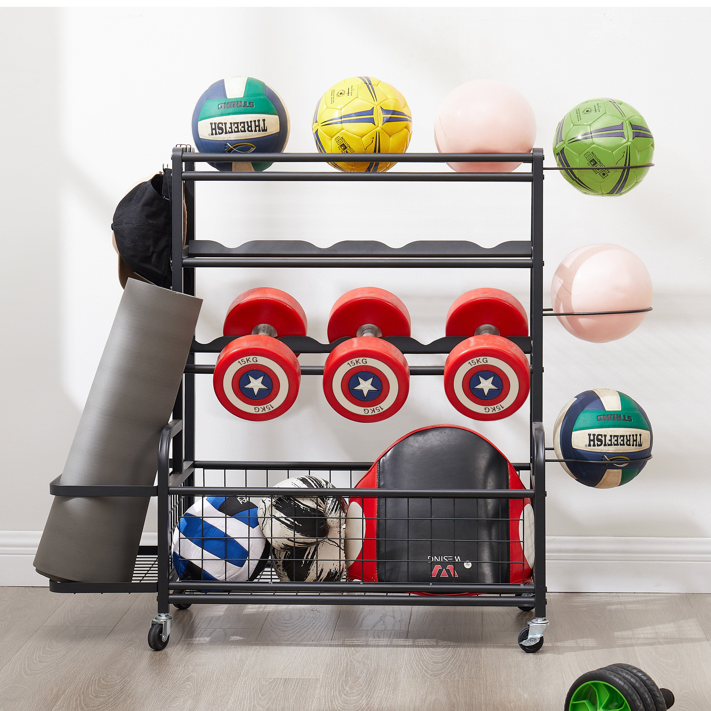 Four layer metal storage rack, large ball storage rack with rollers, baskets, and hooks