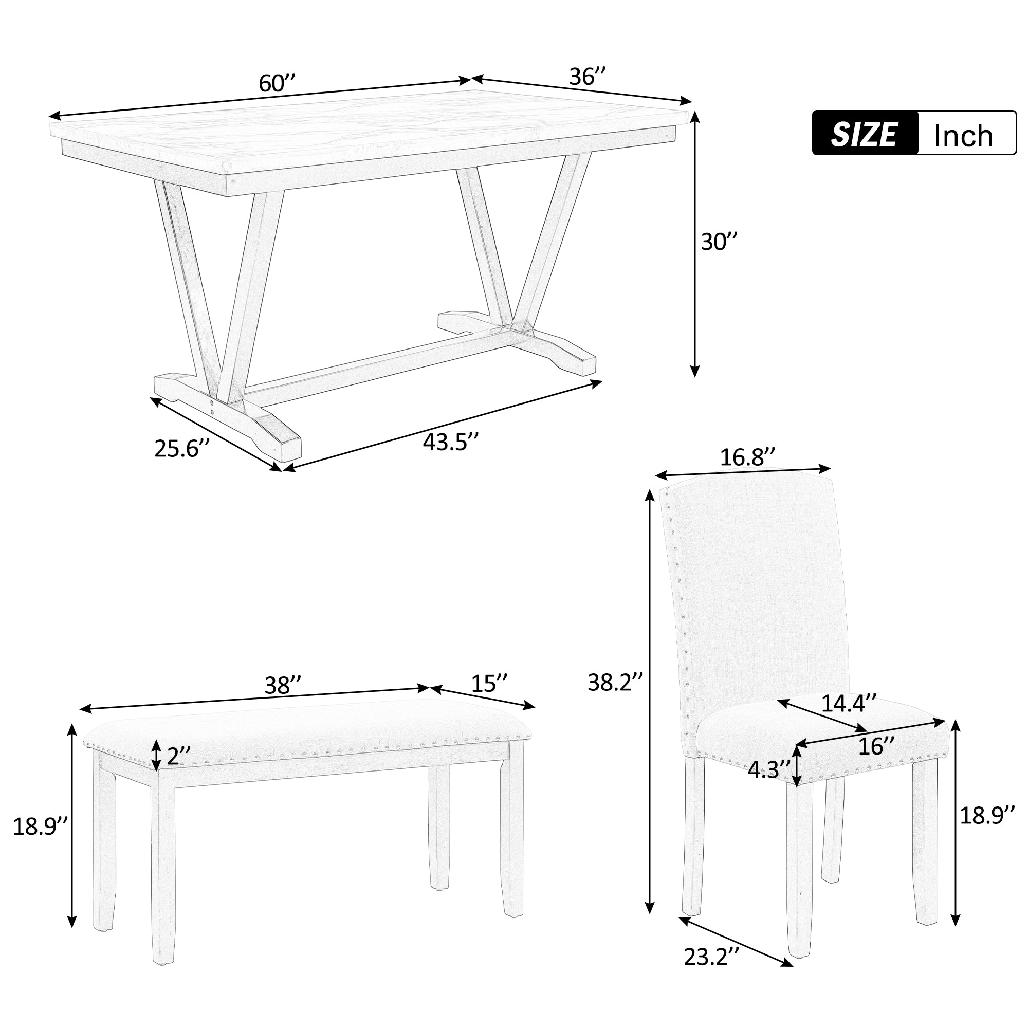 TREXM Modern Style 6-piece Dining Table with 4 Chairs & 1 Bench (White)