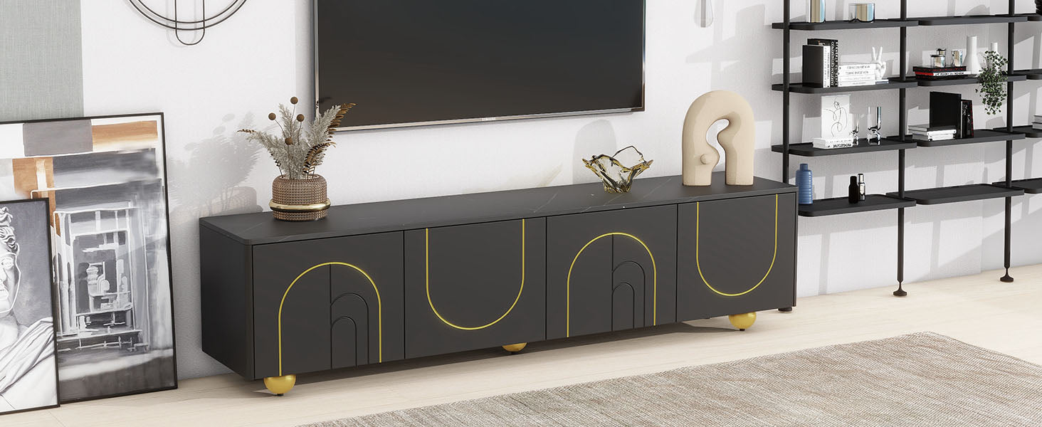 U-Can modern TV stand is suitable for TVs under 75 inches and comes with a storage cabinet top marble pattern and circular stand