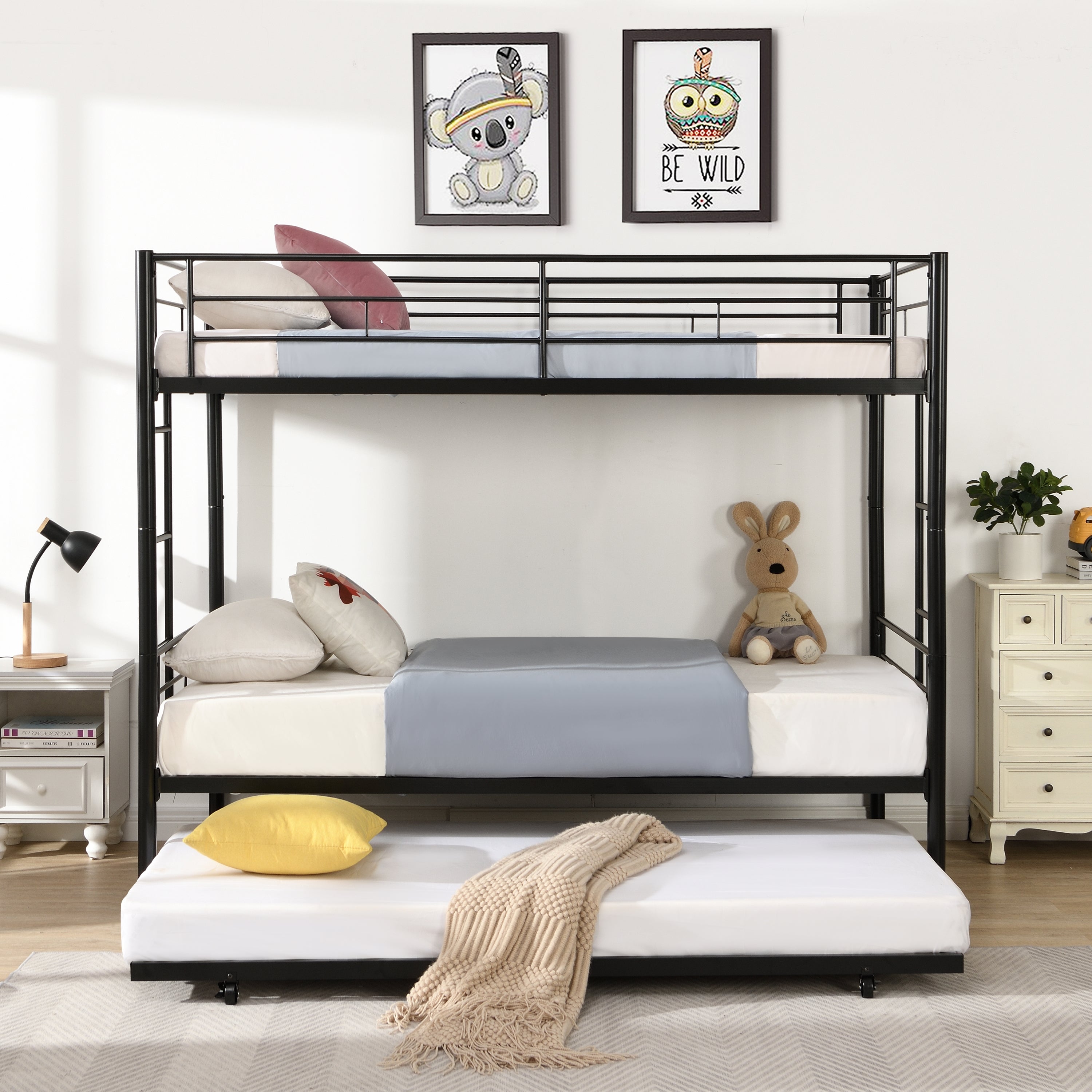 Twin bunk bed frame with trailer, metal bunk bed with sturdy guardrail and side ladder, can be divided into two beds, black