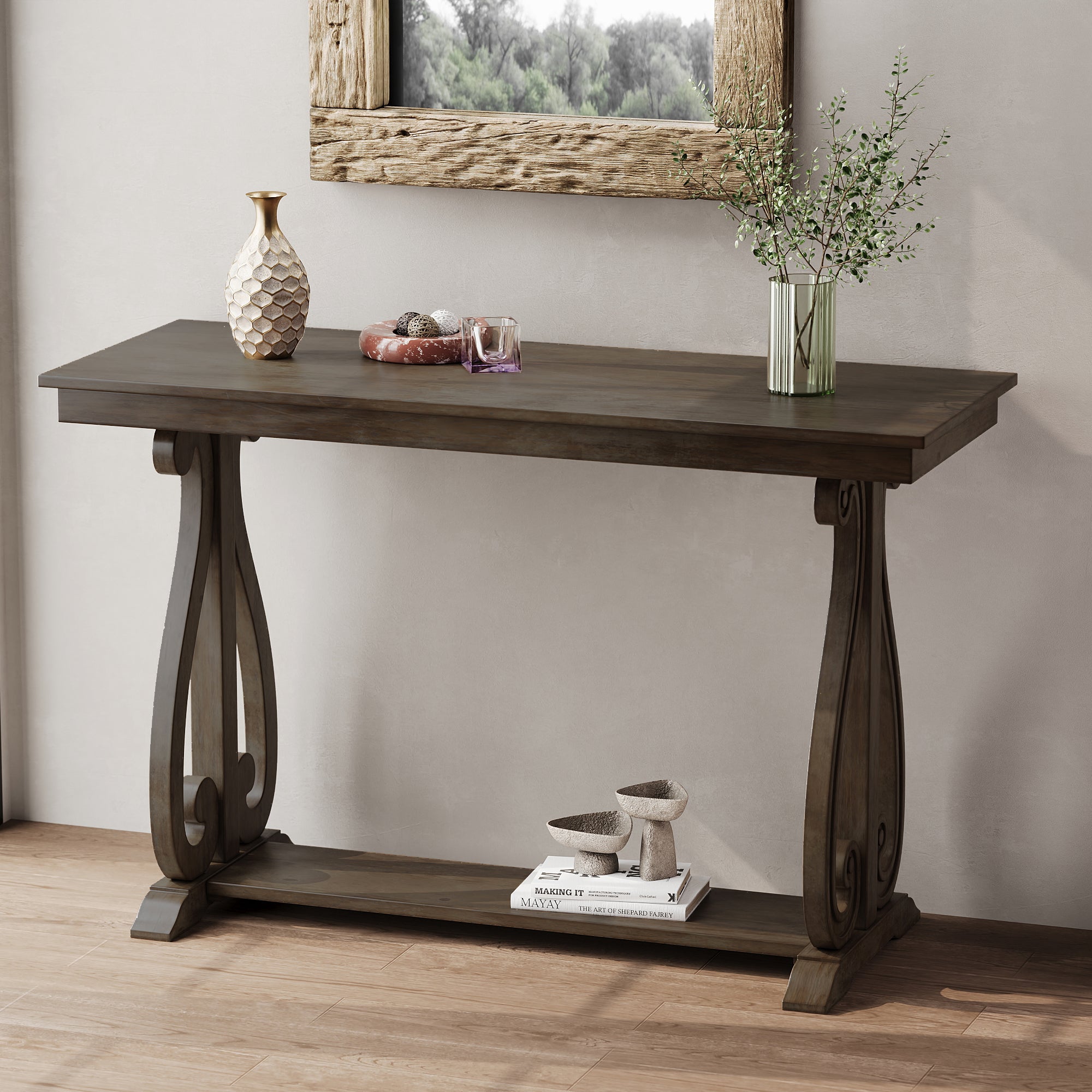 48-Inch Rustic Vintage Console Table --- Farmhouse Style Entryway Table with Open Shelf and Sturdy Construction (Walnut)