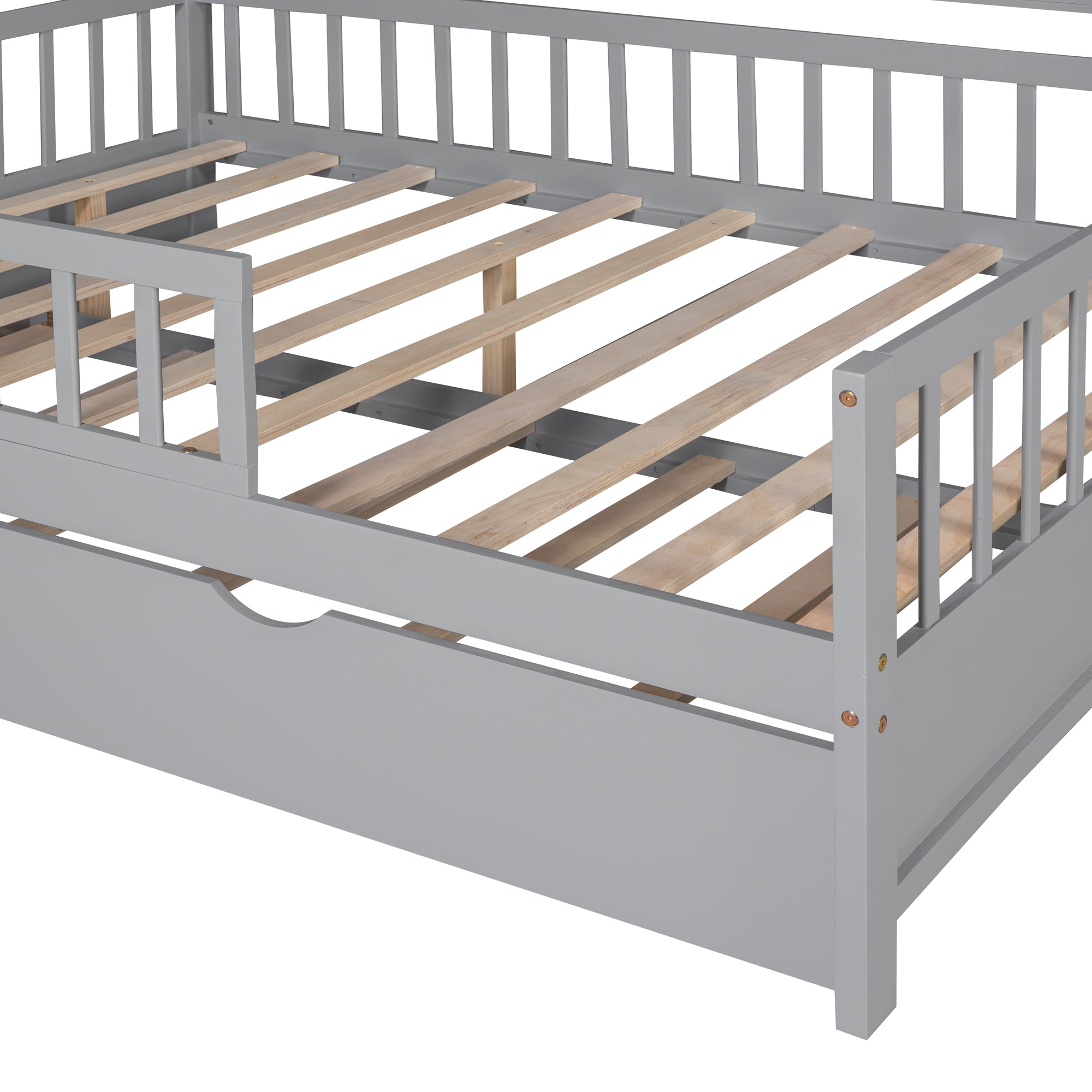 Wooden Full Size House Bed with Twin Size Trundle Kids Bed with Shelf Gray