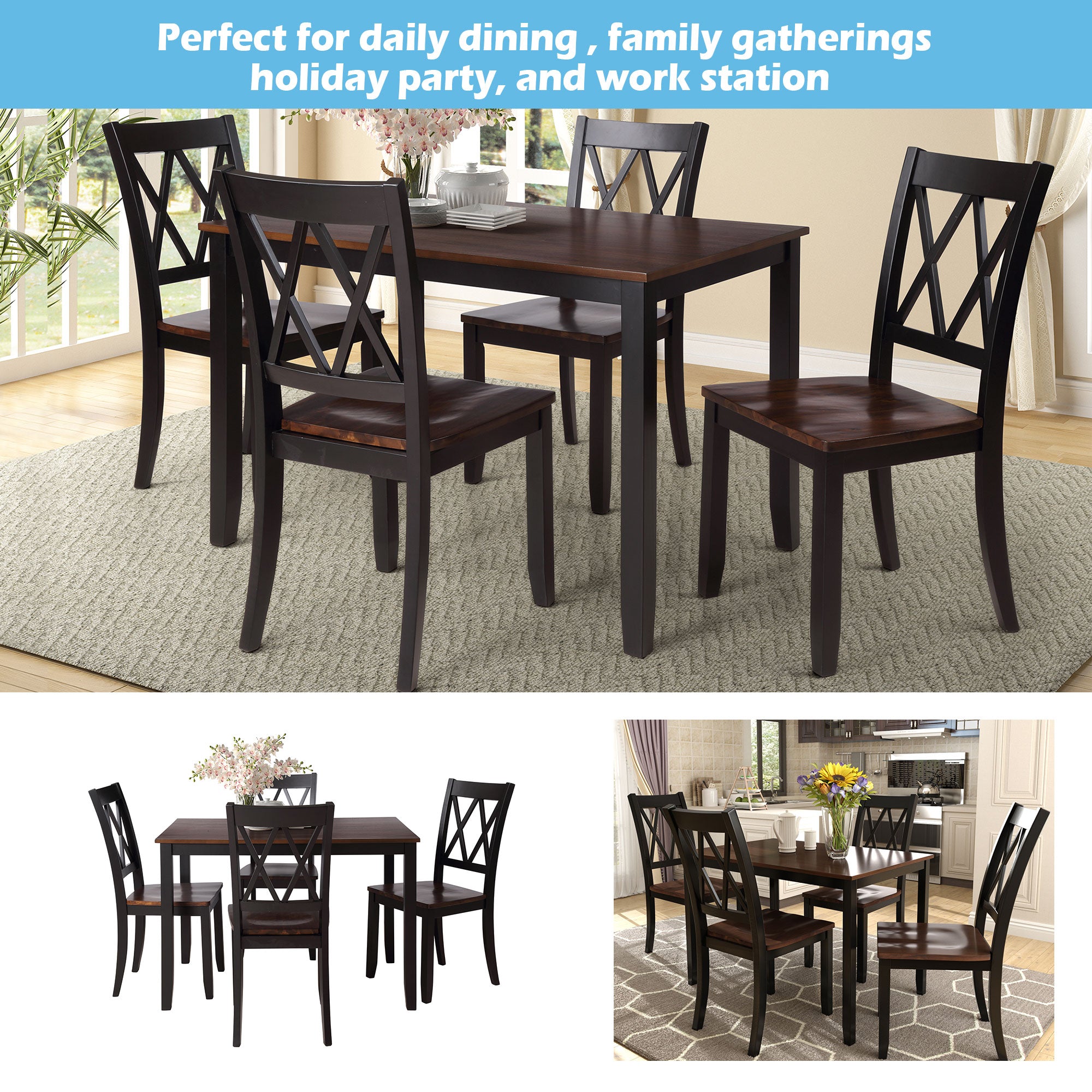 TOPMAX 5-Piece Dining Table Set Home Kitchen Table and Chairs Wood Dining Set  Black+Cherry