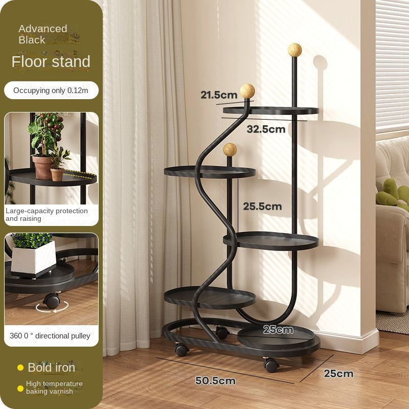 Mobile Flower Stand with Wheels, Multi-Layer Metal Plant Shelf for Living Room and Balcony, Floor Standing Planter Rack