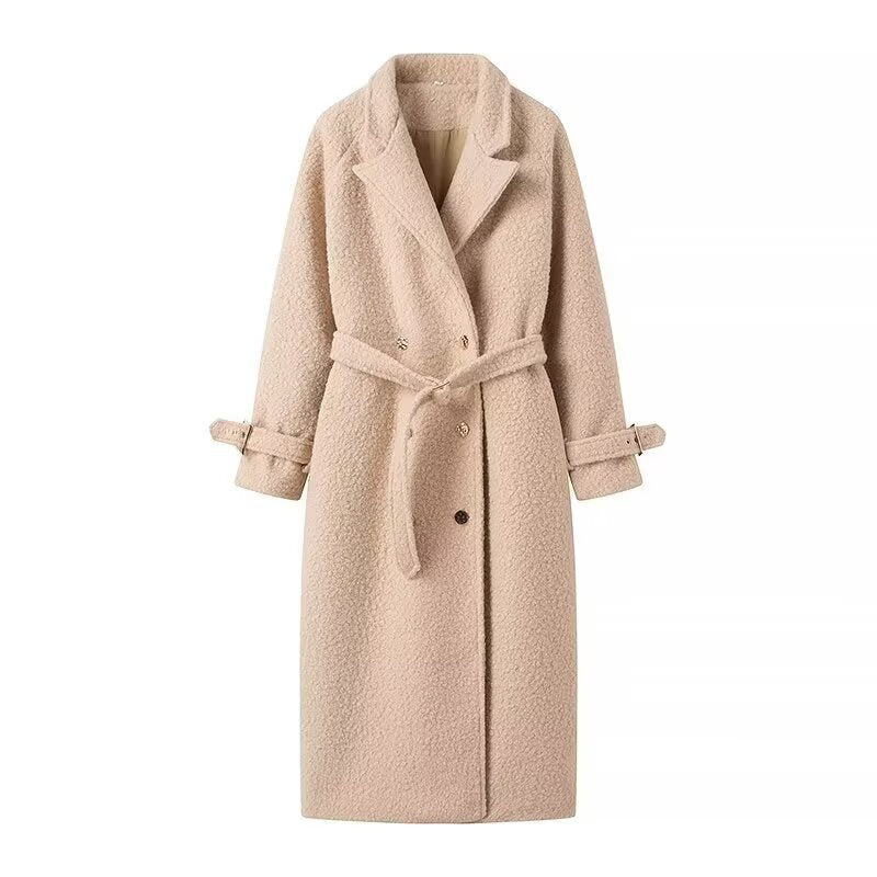 Belted Long Fleece Wool Coat for Women