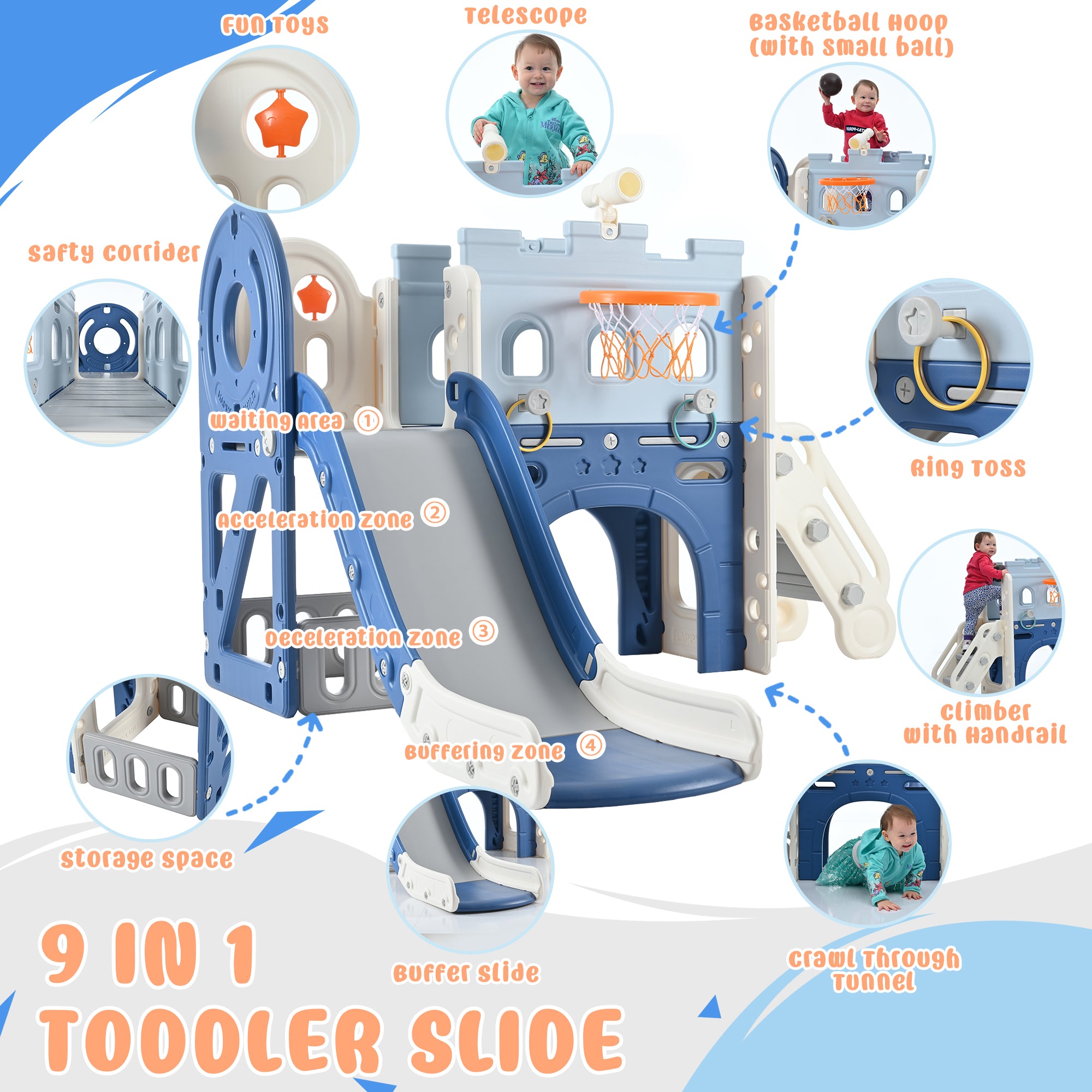 9-1 Toddler Slide Set,Kids Slide for Toddlers Ages 1+, Basketball Hoop, Tunnel and Storage Space, Pirate Ship Themed Slide