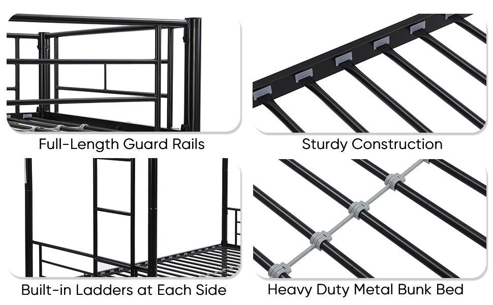 Twin bunk bed frame with trailer, metal bunk bed with sturdy guardrail and side ladder, can be divided into two beds, black