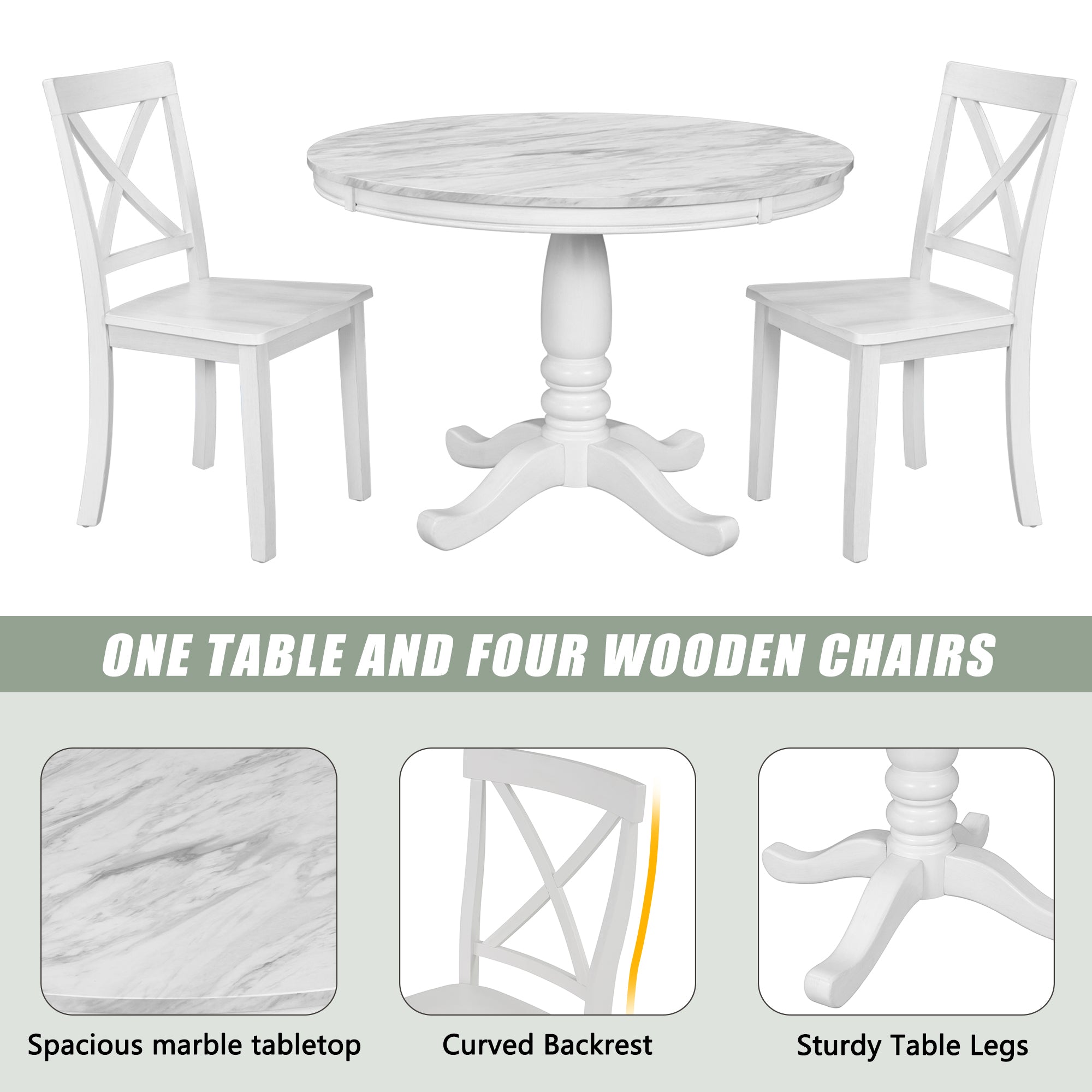 Orisfur 5 Pieces Dining Table and Chairs Set for 4 Persons Kitchen Room Solid Wood Table with 4 Chairs MDF + White + Solid Wood