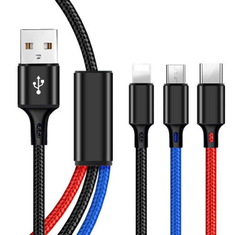 One to three data cable nylon braided three head fast charging mobile phone charging cable