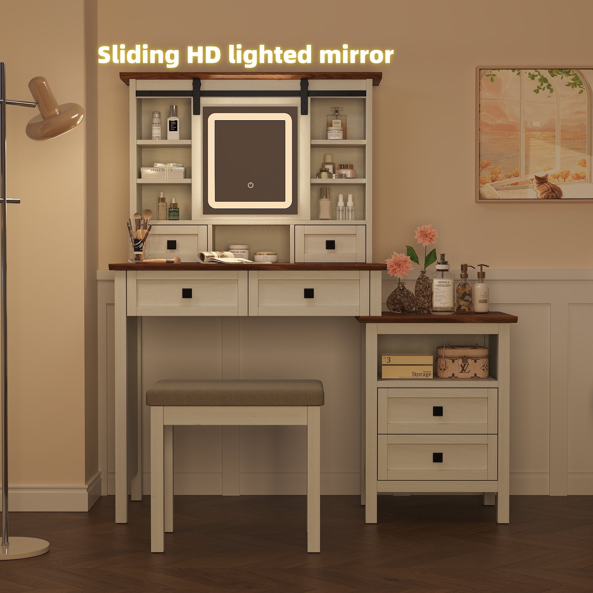 46.5-inch dressing table with adjustable LED lighting mirror and charging station, equipped with soft cushioned stool