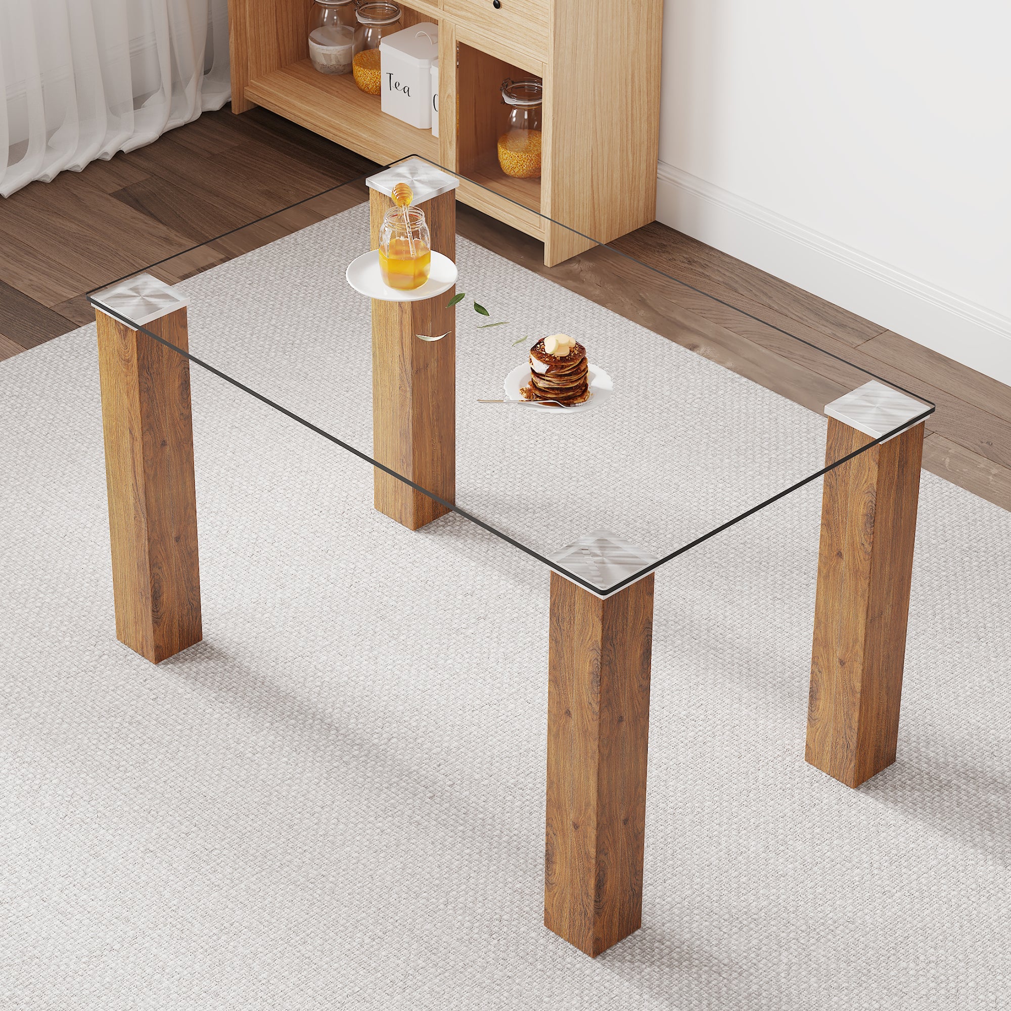 Modern minimalist rectangular dining table Glass desktop and wooden MDF table legs