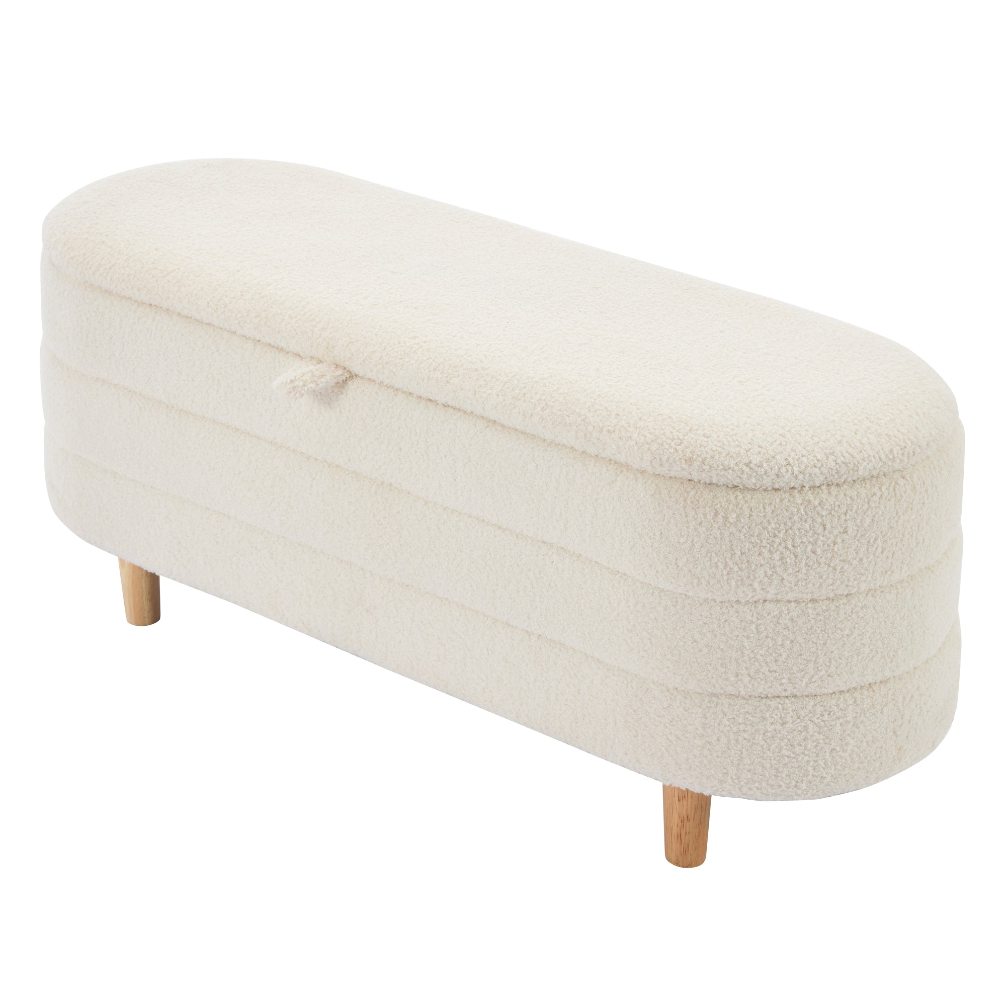 Elegant Upholstered Sherpa Fabric Storage Ottoman with Wood Legs, Storage Bench for Bedroom, Living Room, White