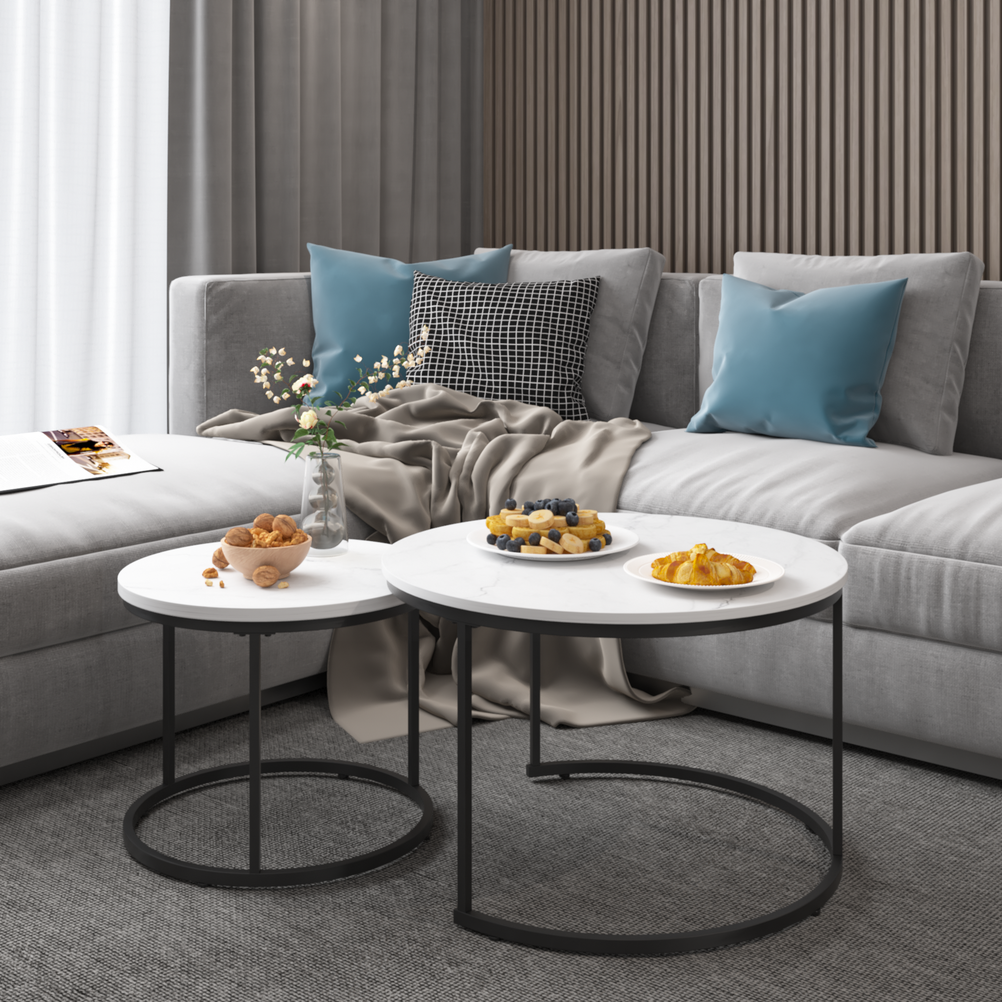 A set of nested 27.6-inch circular coffee tables with a wooden marble patterned tabletop and a sturdy metal frame (white)