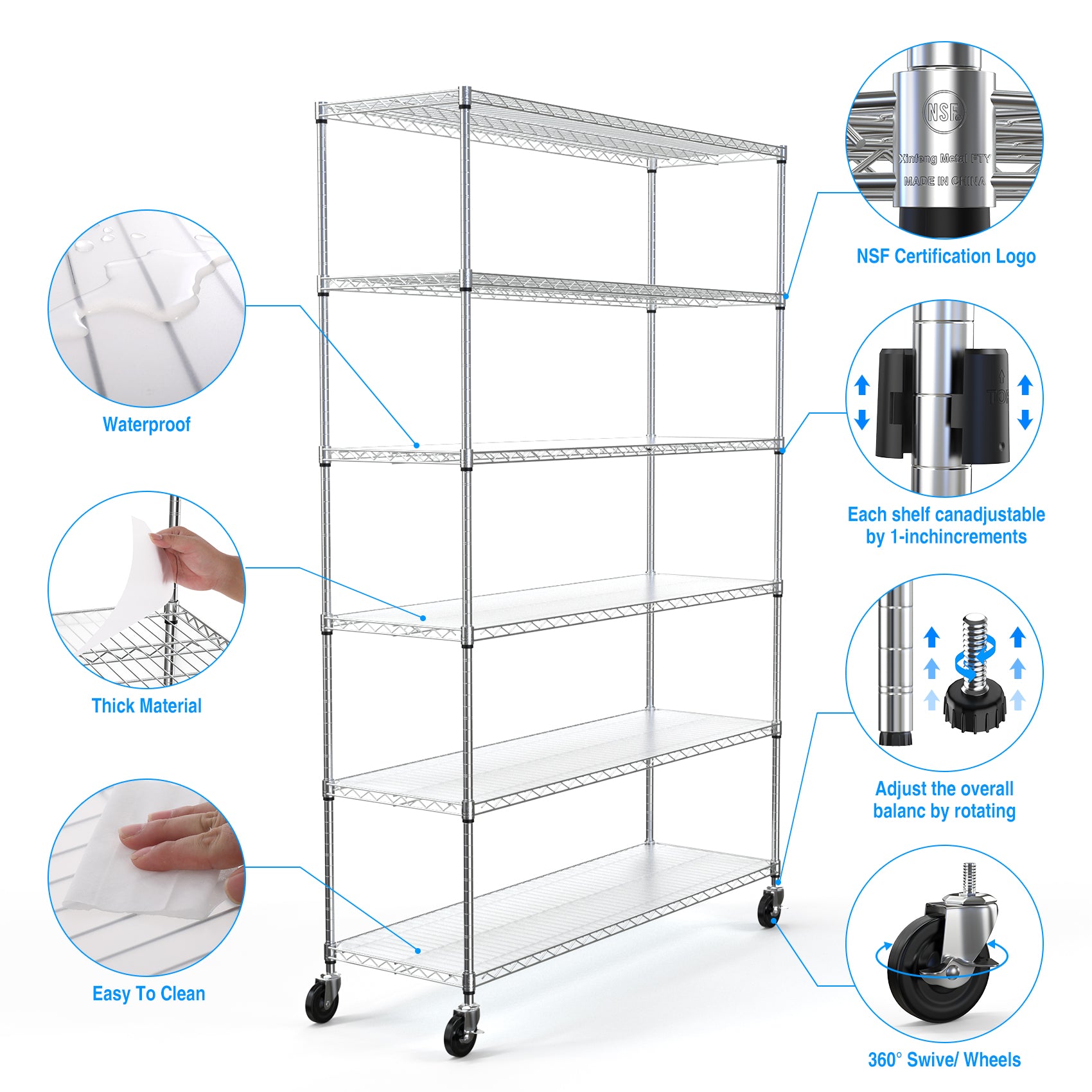 6 Tier Wire Shelving Unit 6000 LBS NSF Height Adjustable Metal Garage Storage Shelves with Wheels