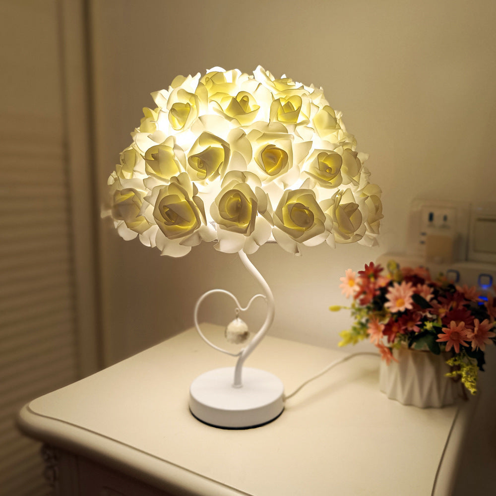 White stem heart-shaped crystal umbrella-shaped rose flower table lamp bedside lamp bedroom decoration ornaments wedding atmosphere table lamp