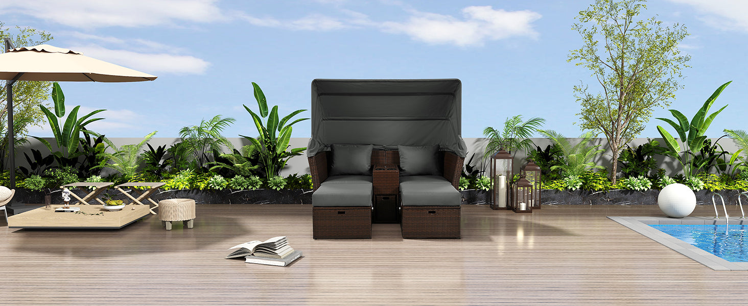 2-Seater Outdoor Patio Daybed Outdoor Double Daybed Outdoor Loveseat Sofa Set with Foldable Awning and Cushions