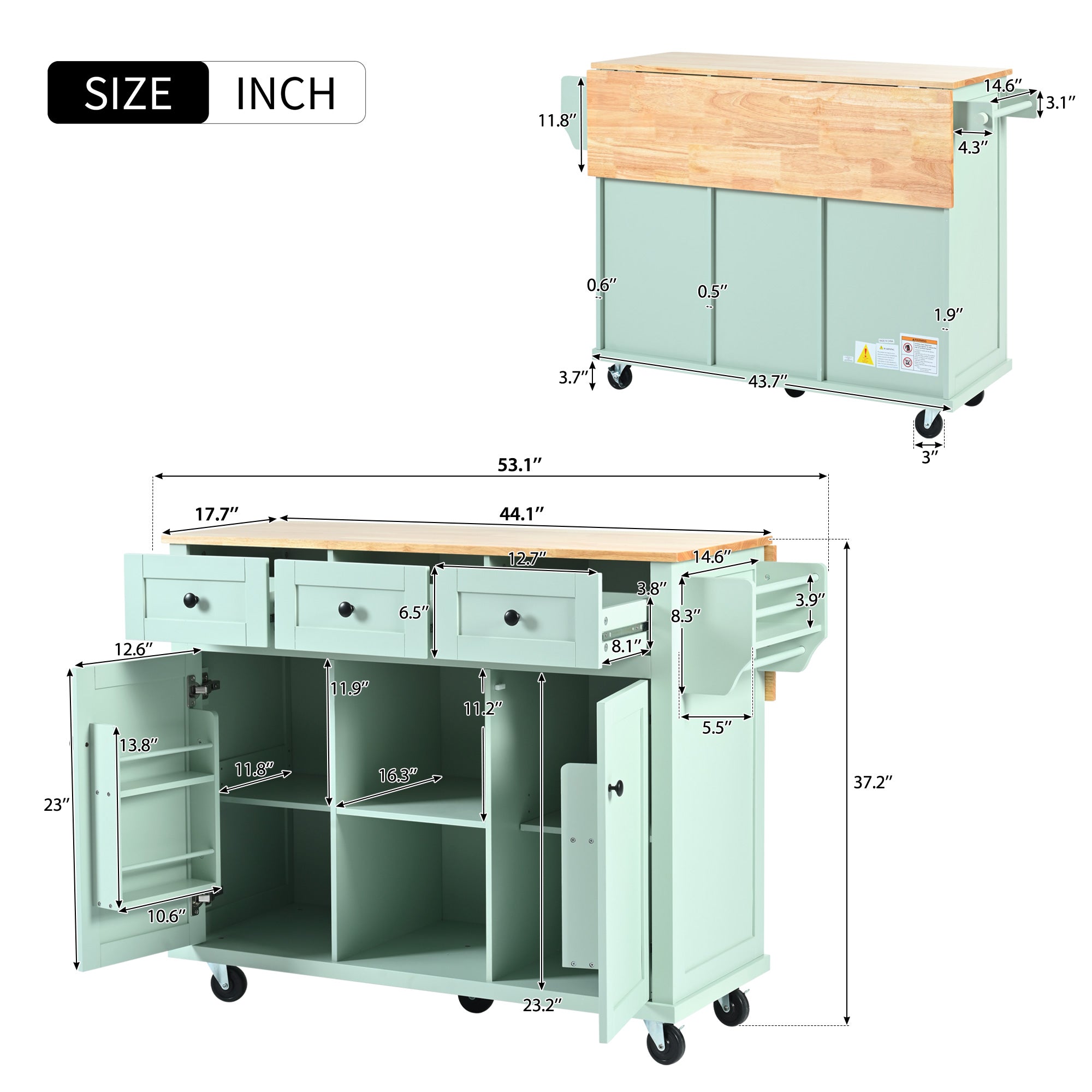 Kitchen trolley, cabinet door internal storage rack with storage cabinet and 3 dining room drawers, mint green