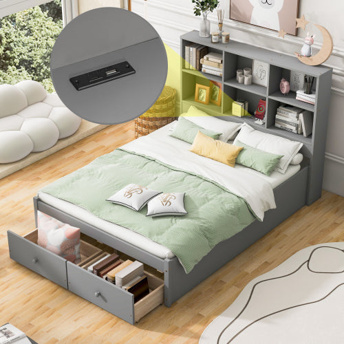 Full Size Platform Bed with Storage Headboard, Charging Station and 2 Drawers, Gray