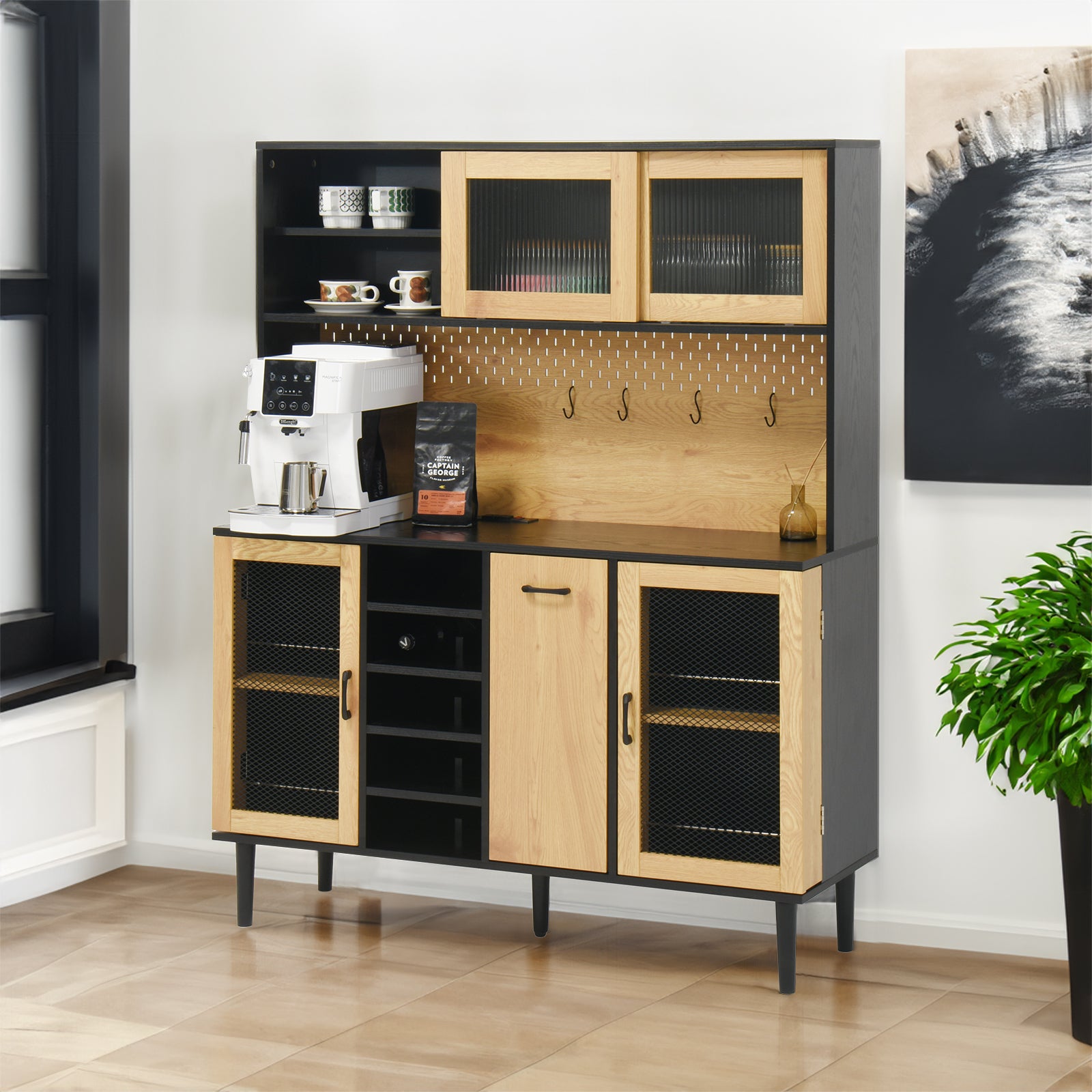 59 "H buffet side cabinet with storage door and power outlet, coffee bar cabinet with wine rack, black and natural colors