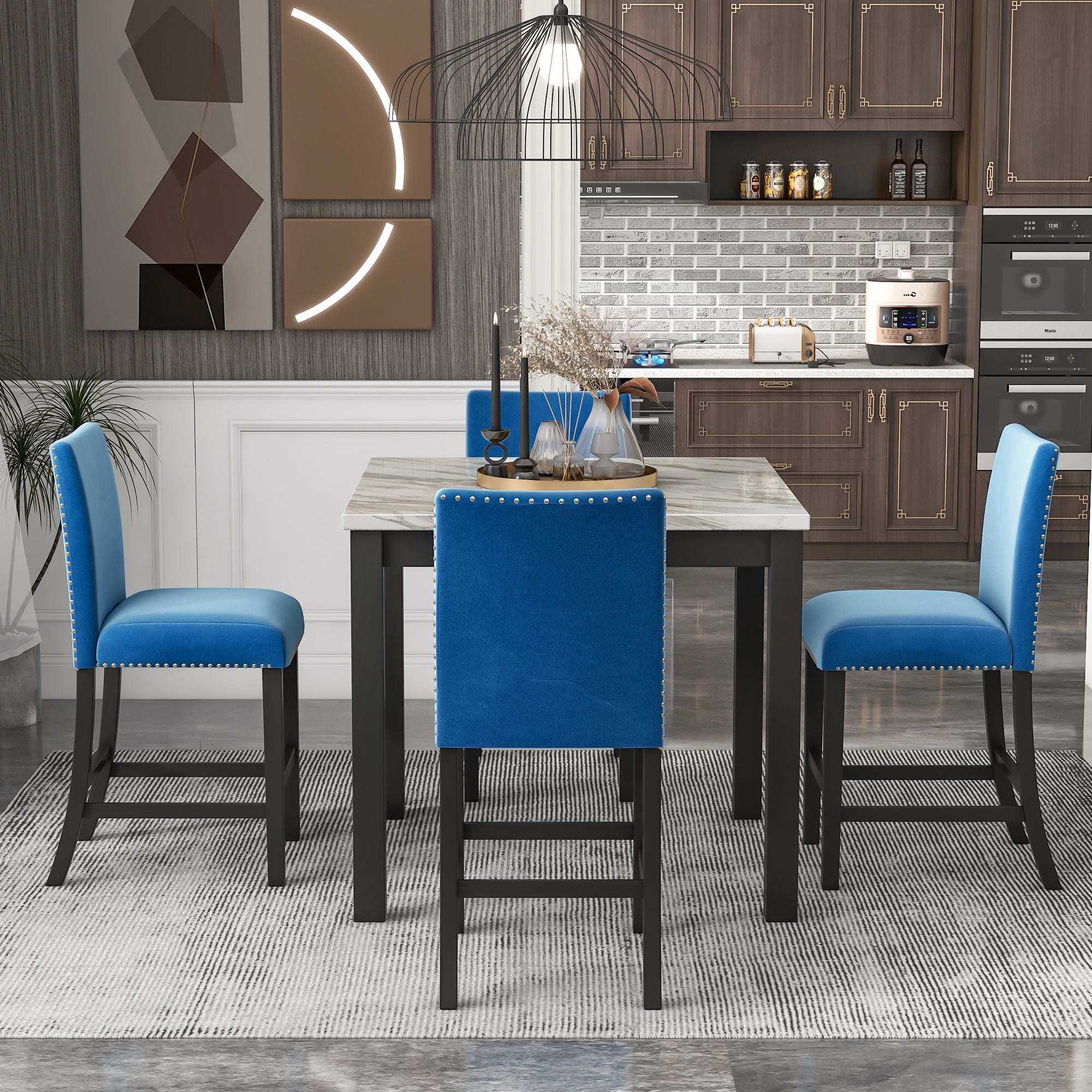 5-piece Counter Height Dining Table Set with One Faux Marble Dining Table and Four Upholstered-Seat Chairs Blue