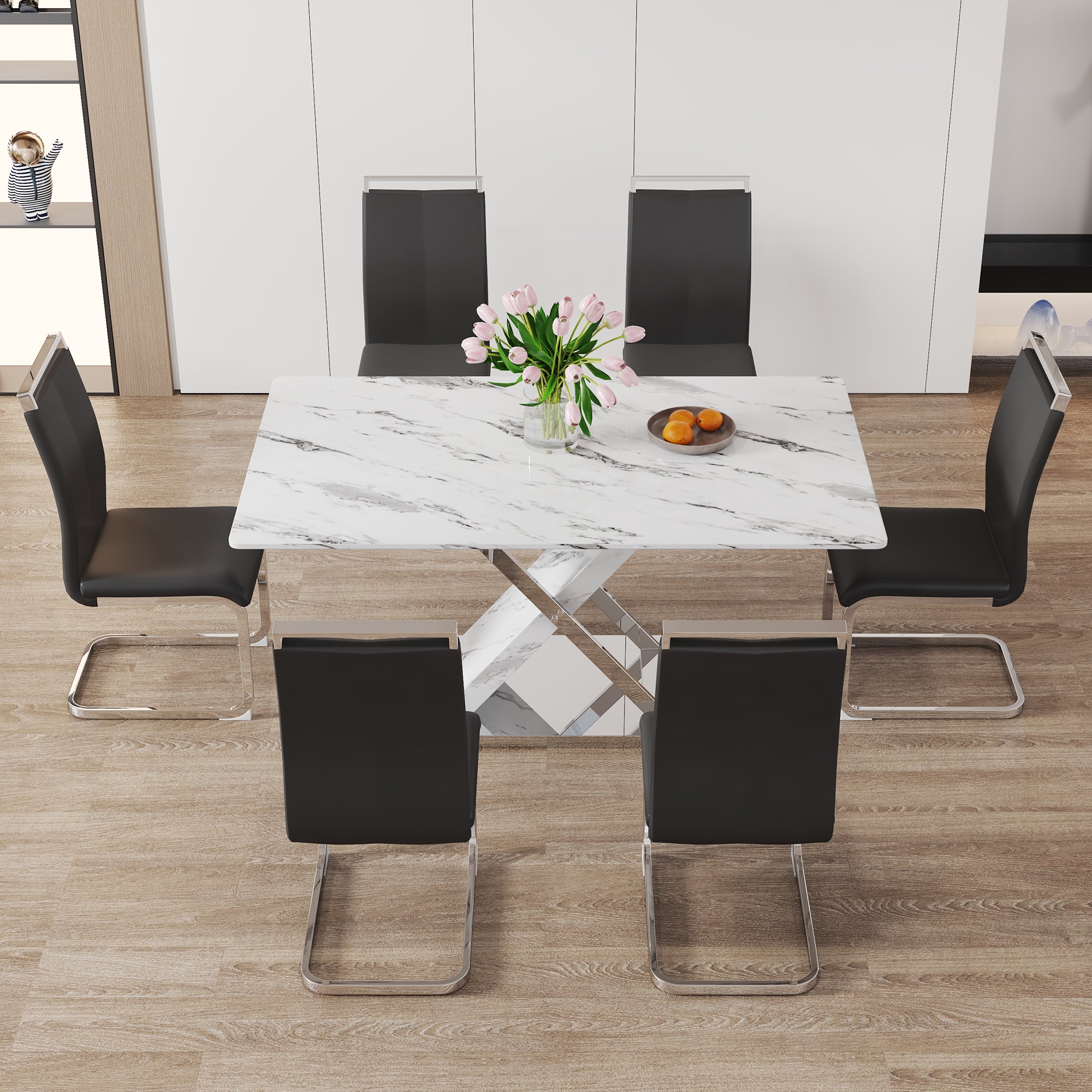 Modern white rectangular marble textured glass dining table and office desk Equipped with stainless steel base