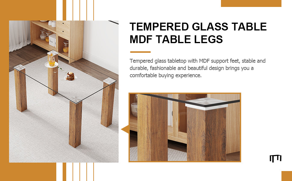 Modern minimalist rectangular dining table Glass desktop and wooden MDF table legs