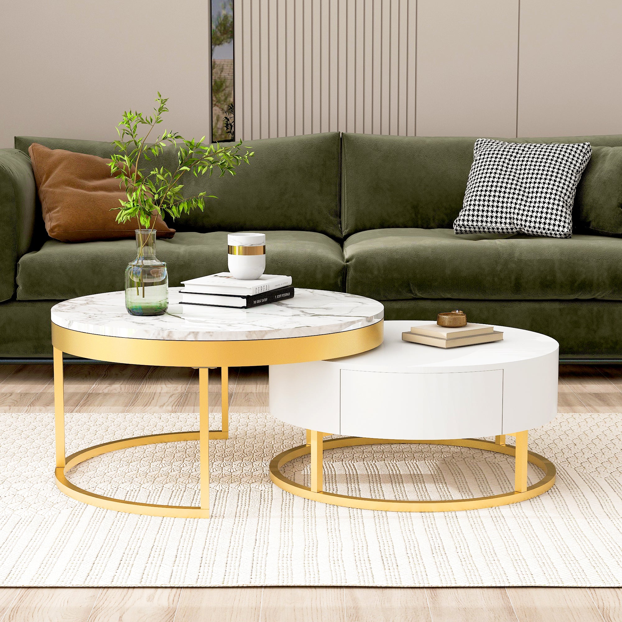 Modern Round Nesting Coffee Table with Drawers in White