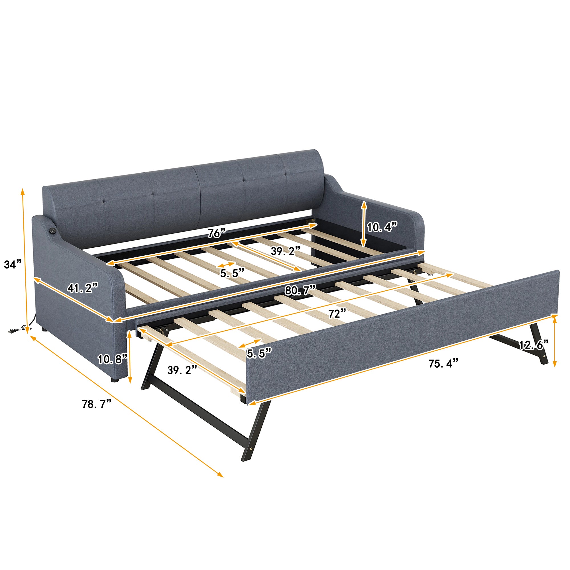 Twin Size Upholstery DayBed with Trundle and USB Charging Design Trundle can be flat or erected Gray