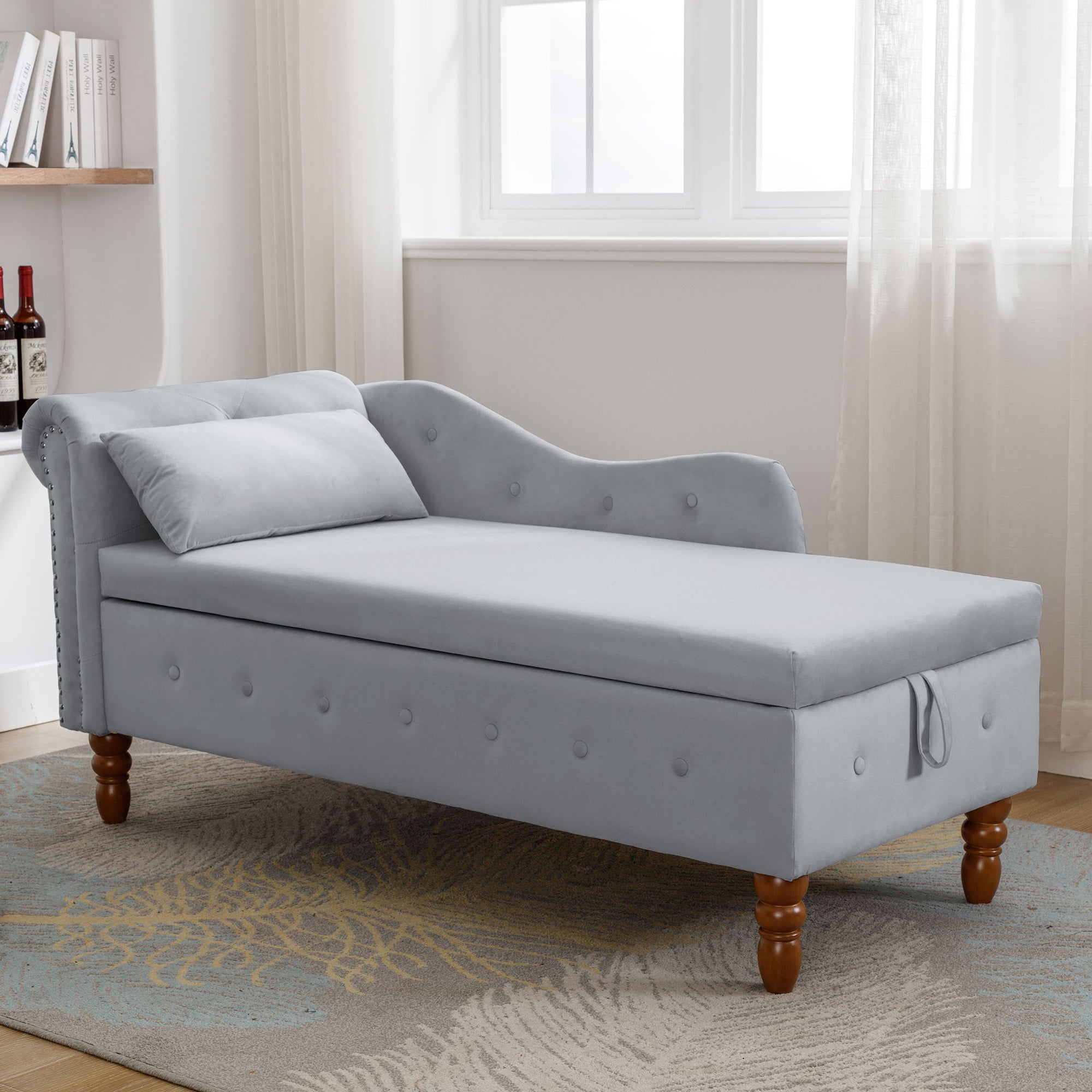 Grey Chaise Lounge Indoor Velvet Lounge Chair for Bedroom with Storage & Pillow Modern Upholstered Rolled Arm Chase Lounge