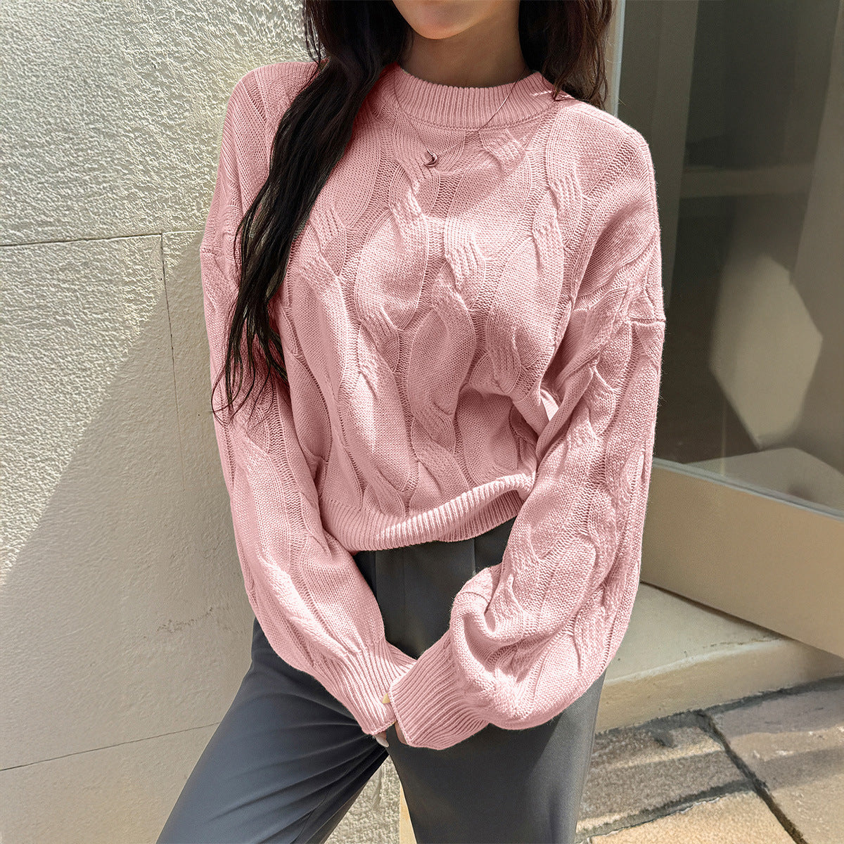 Solid color long sleeved sweater top woven with wool