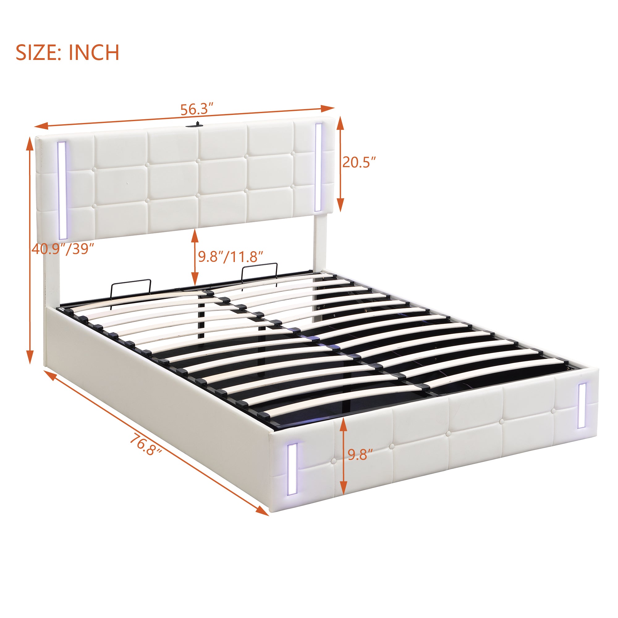 Full Size Upholstered Bed with LED Lights,Hydraulic Storage System and USB Charging Station,White