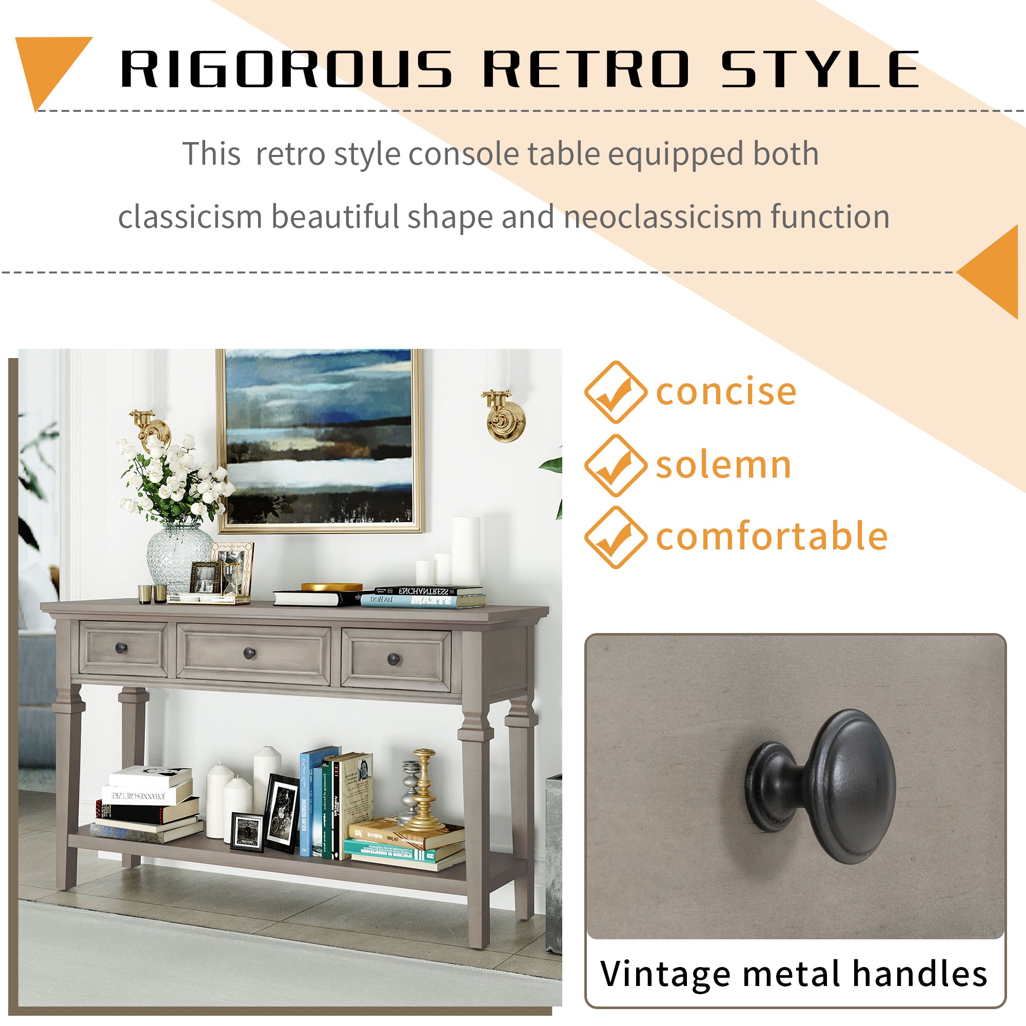 TREXM Classic Retro Style Console Table with Three Top Drawers and Open Style Bottom Shelf (Gray Wash)